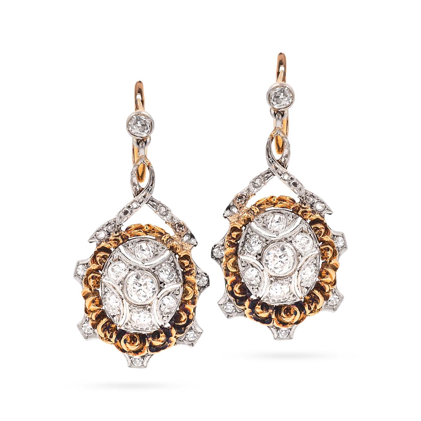 Edwardian Old Cut Diamond Two-Tone Drop Earrings