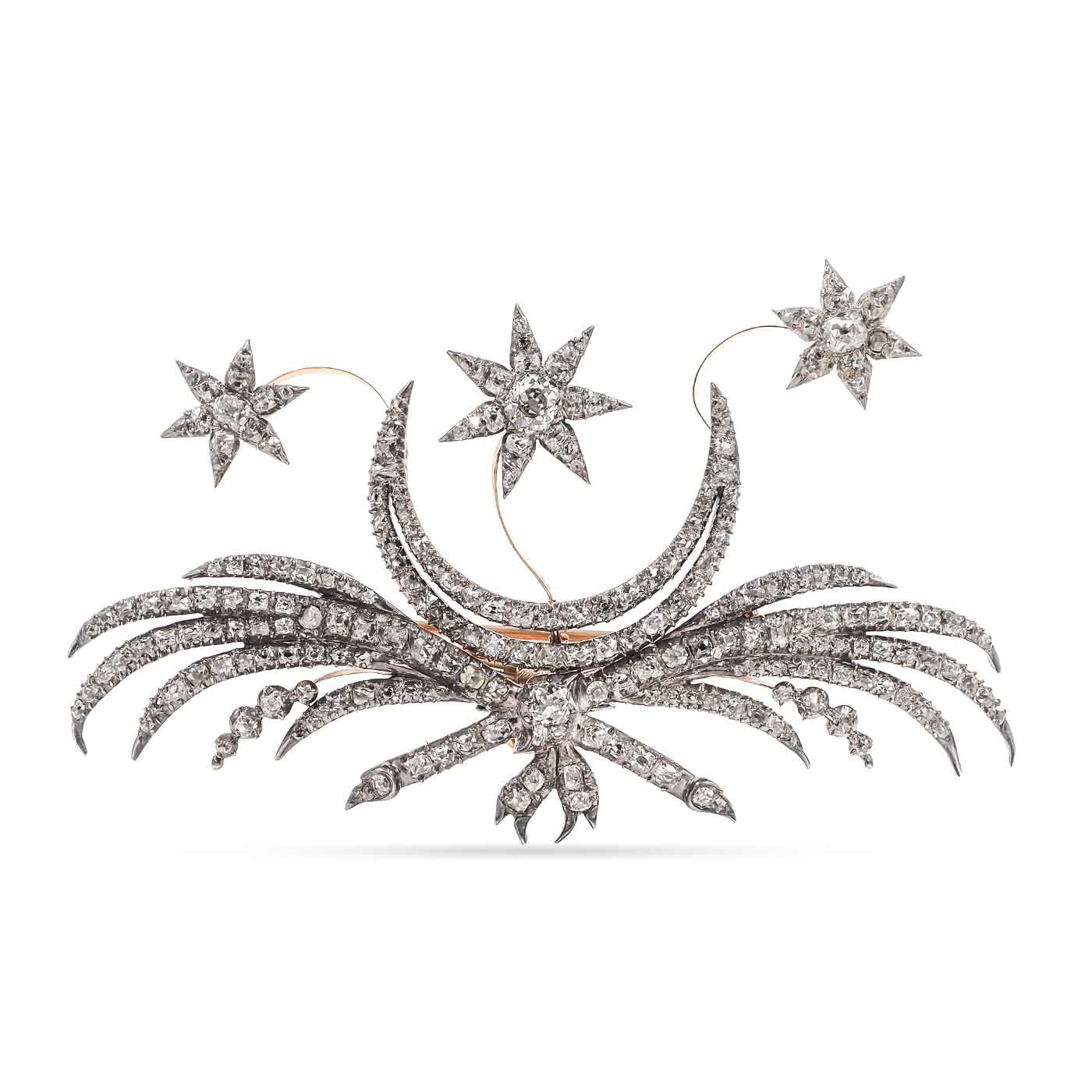 Georgian Diamond Moon Stars 'En Tremblant' Brooch