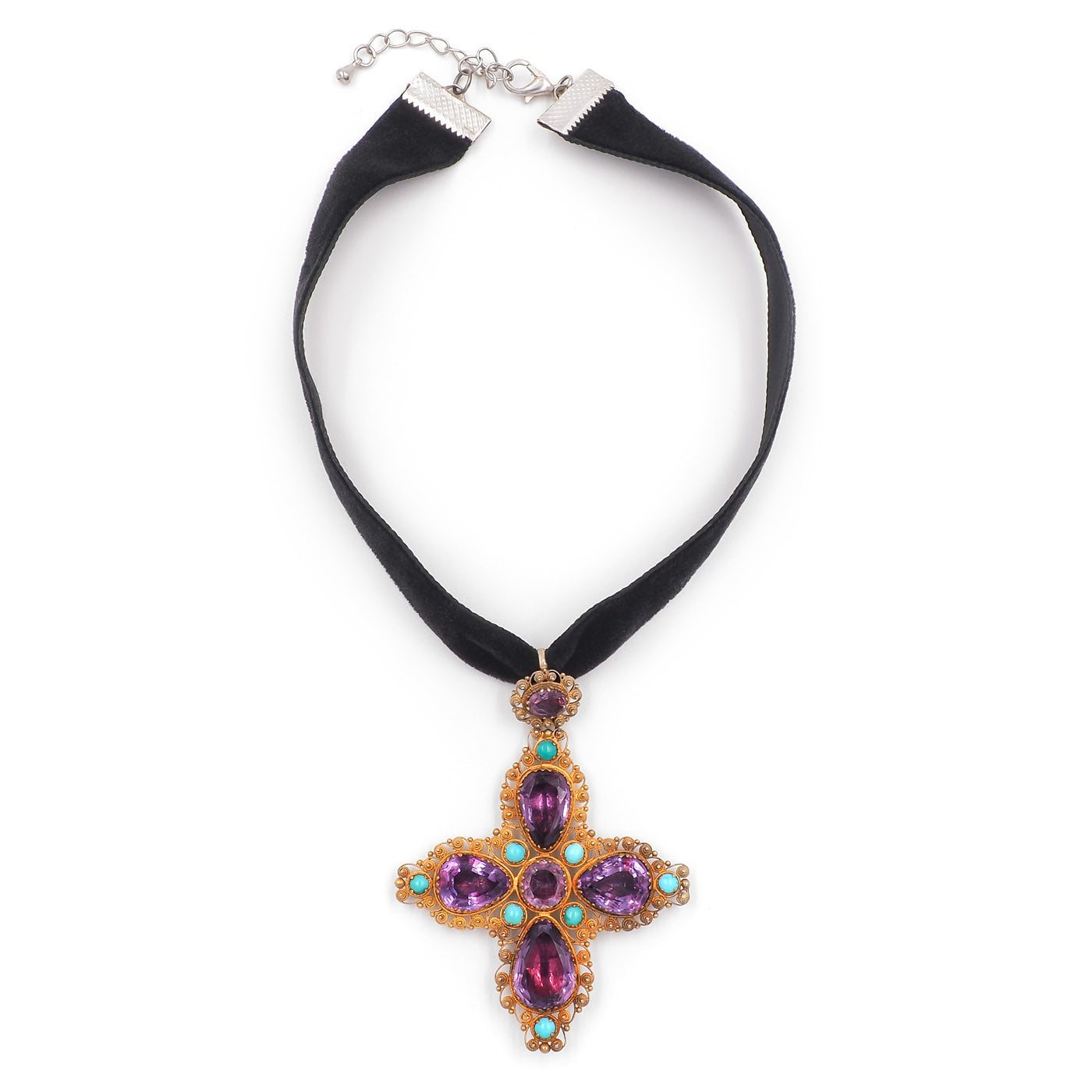 Georgian Amethyst & Turquoise Cannetille Cross Pendant Choker