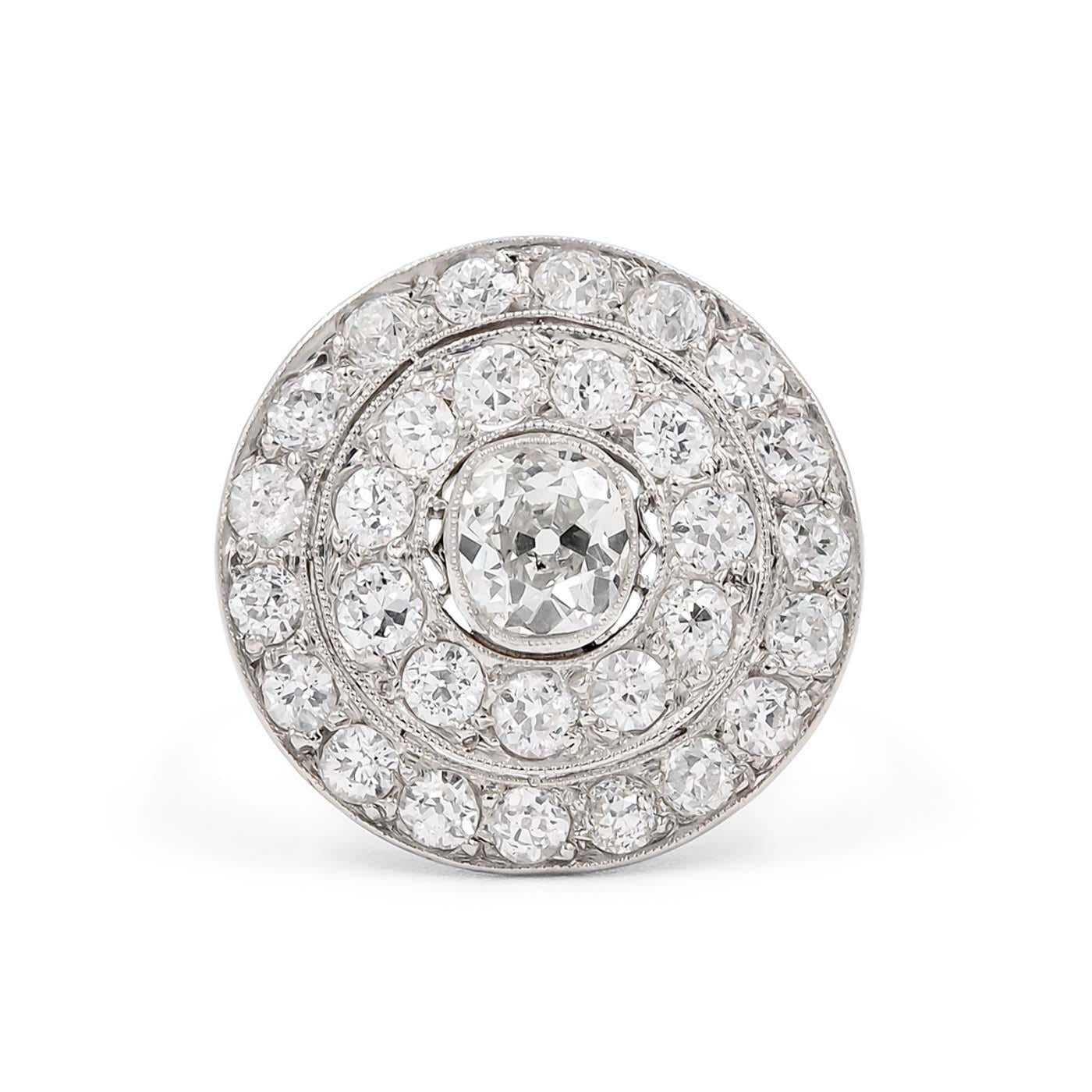 Art Deco 0.90 Carat Old Mine Cut Diamond Double Halo Dinner Ring