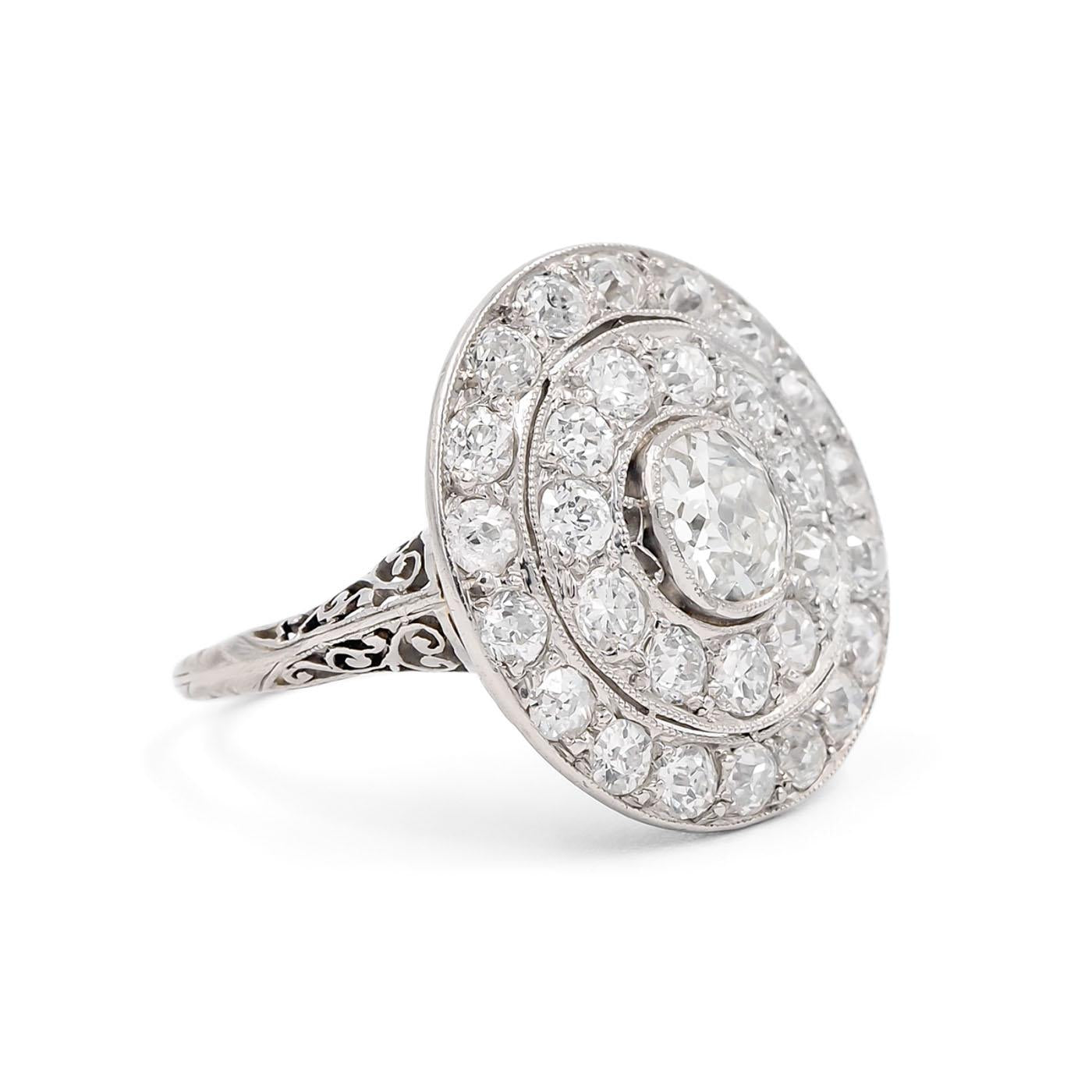 Art Deco 0.90 Carat Old Mine Cut Diamond Double Halo Dinner Ring