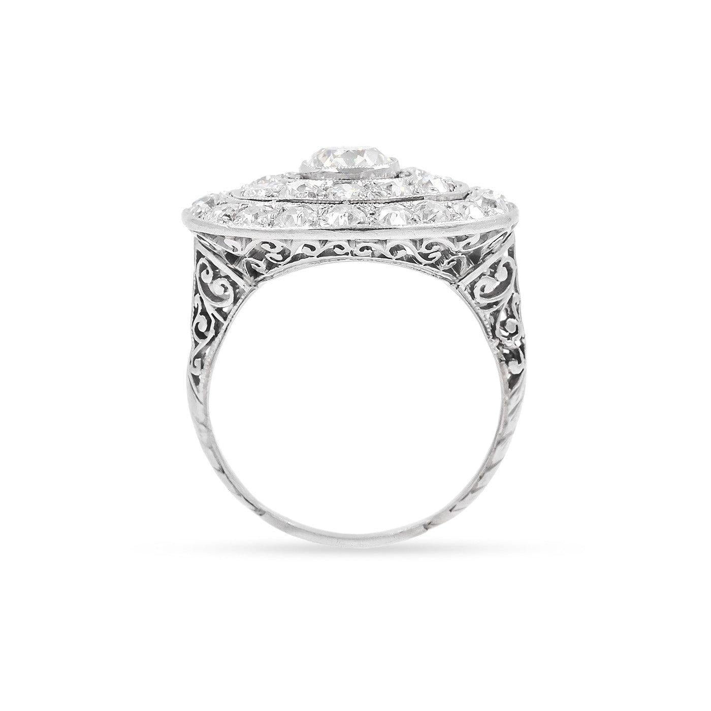 Art Deco 0.90 Carat Old Mine Cut Diamond Double Halo Dinner Ring