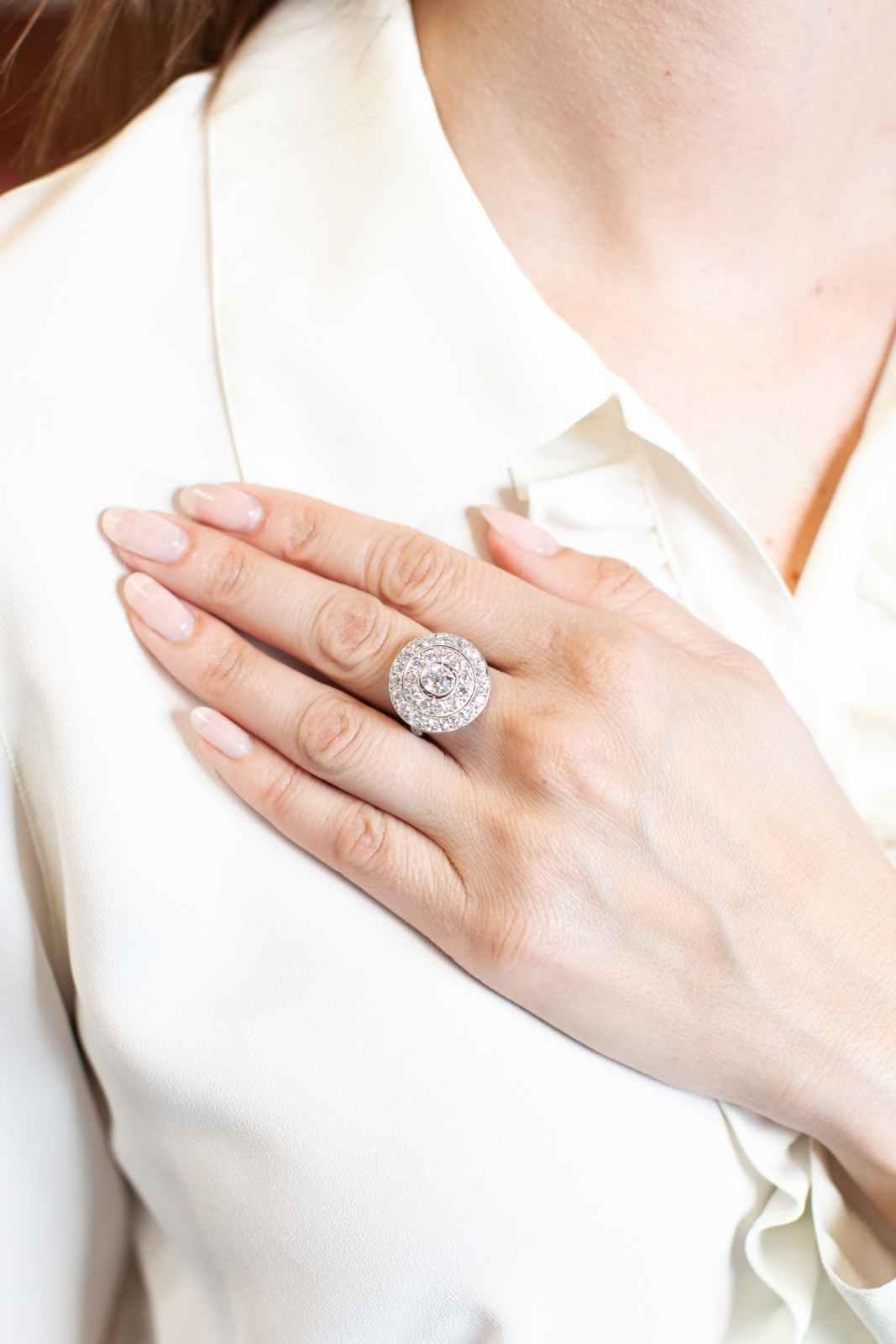 Art Deco 0.90 Carat Old Mine Cut Diamond Double Halo Dinner Ring