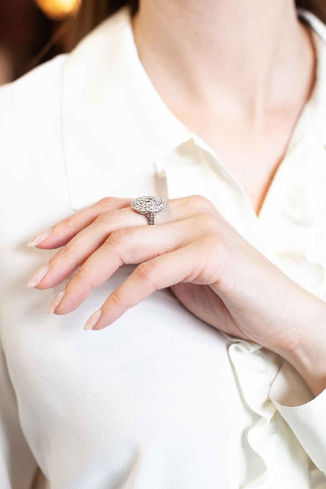 Art Deco 0.90 Carat Old Mine Cut Diamond Double Halo Dinner Ring