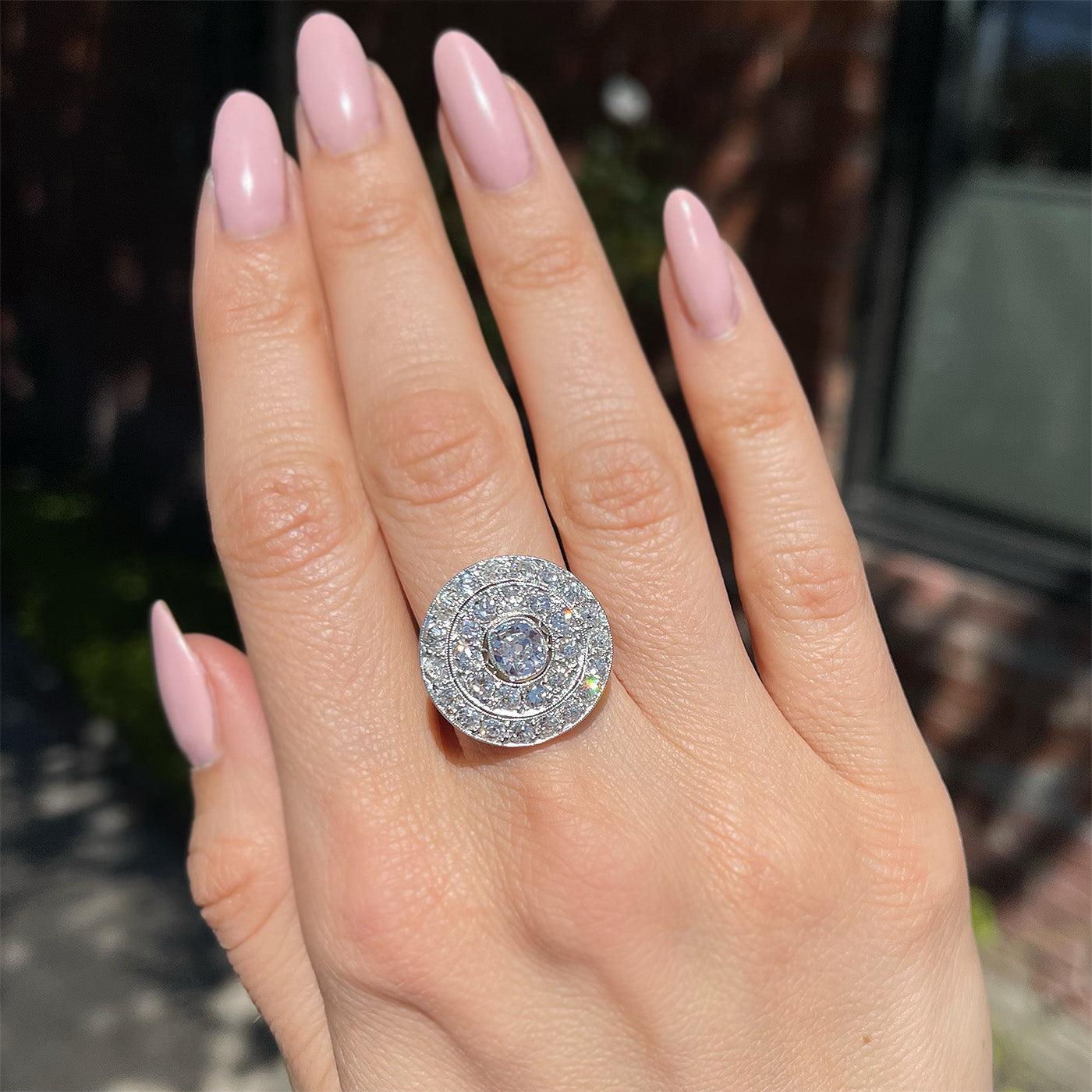 Art Deco 0.90 Carat Old Mine Cut Diamond Double Halo Dinner Ring