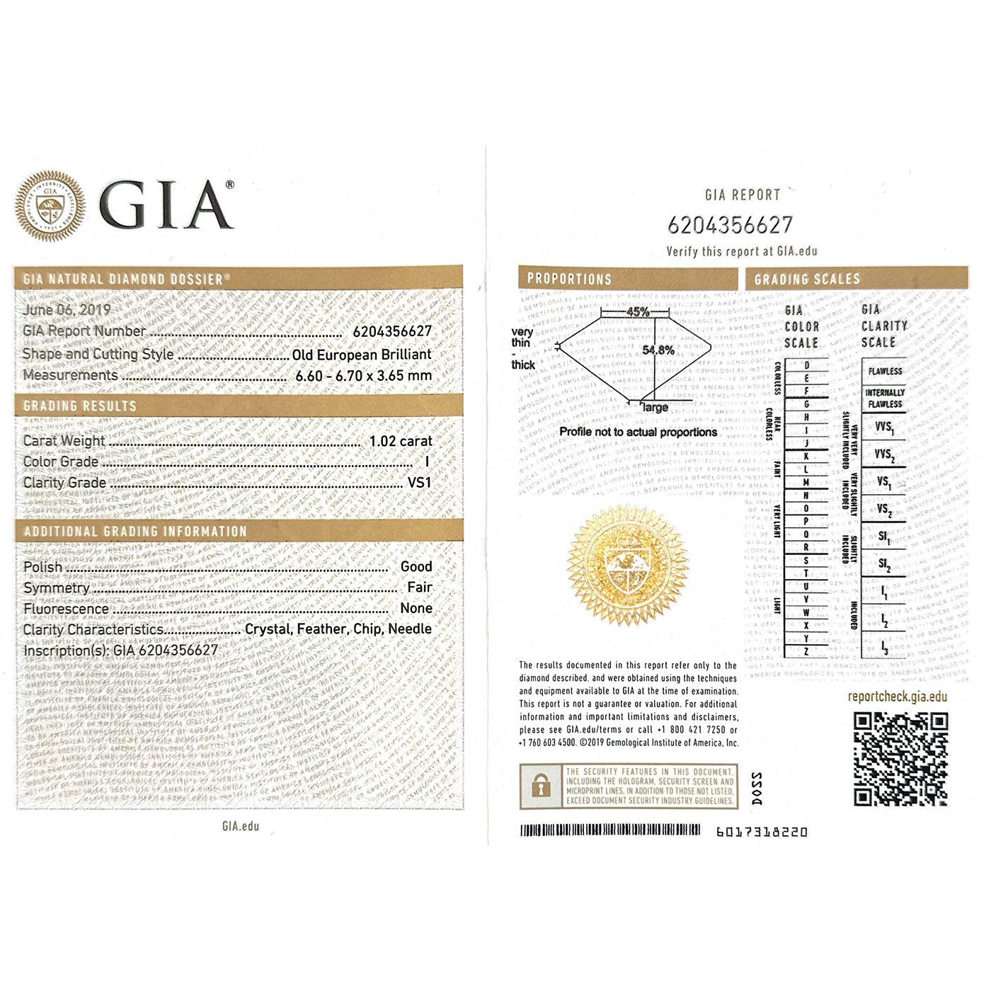 Art Deco 1.02 Carat Old European Cut Diamond Engagement Ring