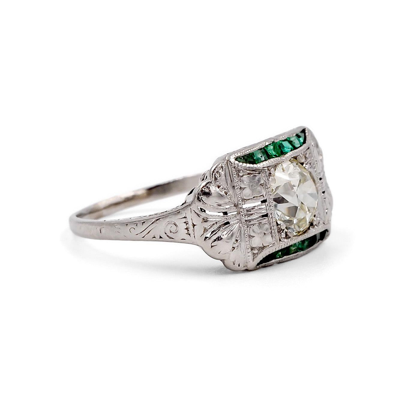 Art Deco 1.11 Ct. Old European Cut Diamond & Emerald Engagement Ring