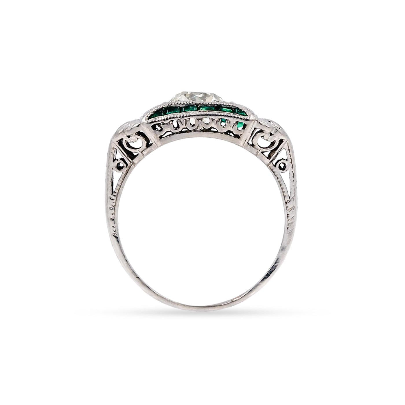 Art Deco 1.11 Ct. Old European Cut Diamond & Emerald Engagement Ring