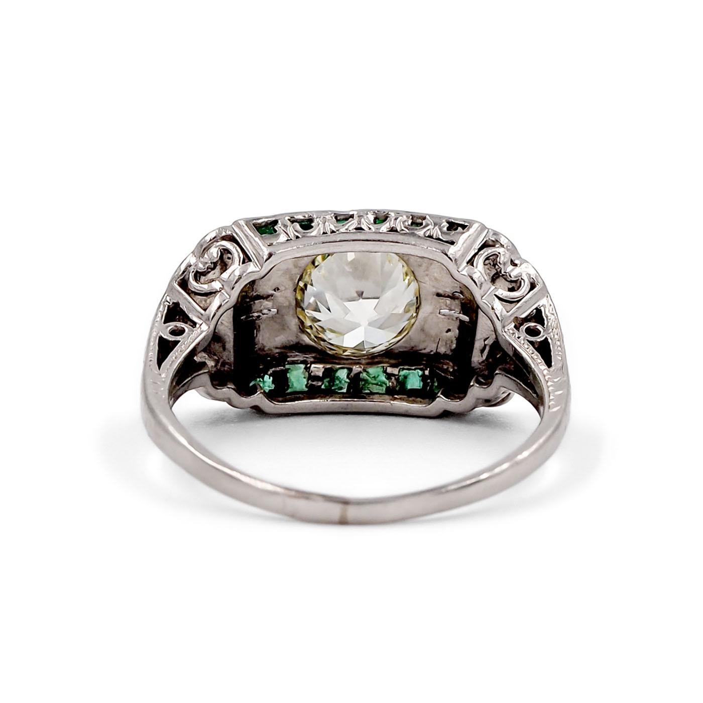 Art Deco 1.11 Ct. Old European Cut Diamond & Emerald Engagement Ring