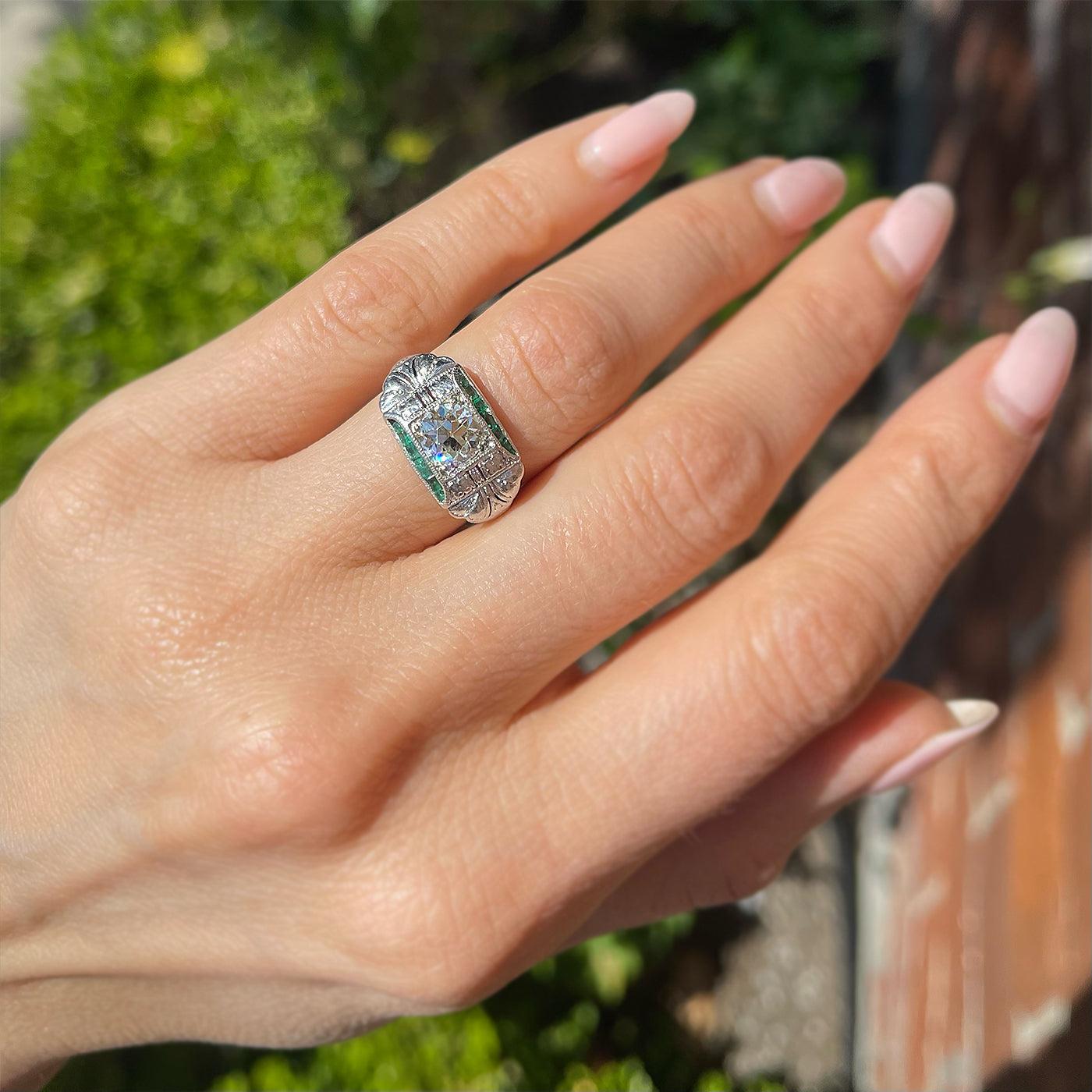 Art Deco 1.11 Ct. Old European Cut Diamond & Emerald Engagement Ring