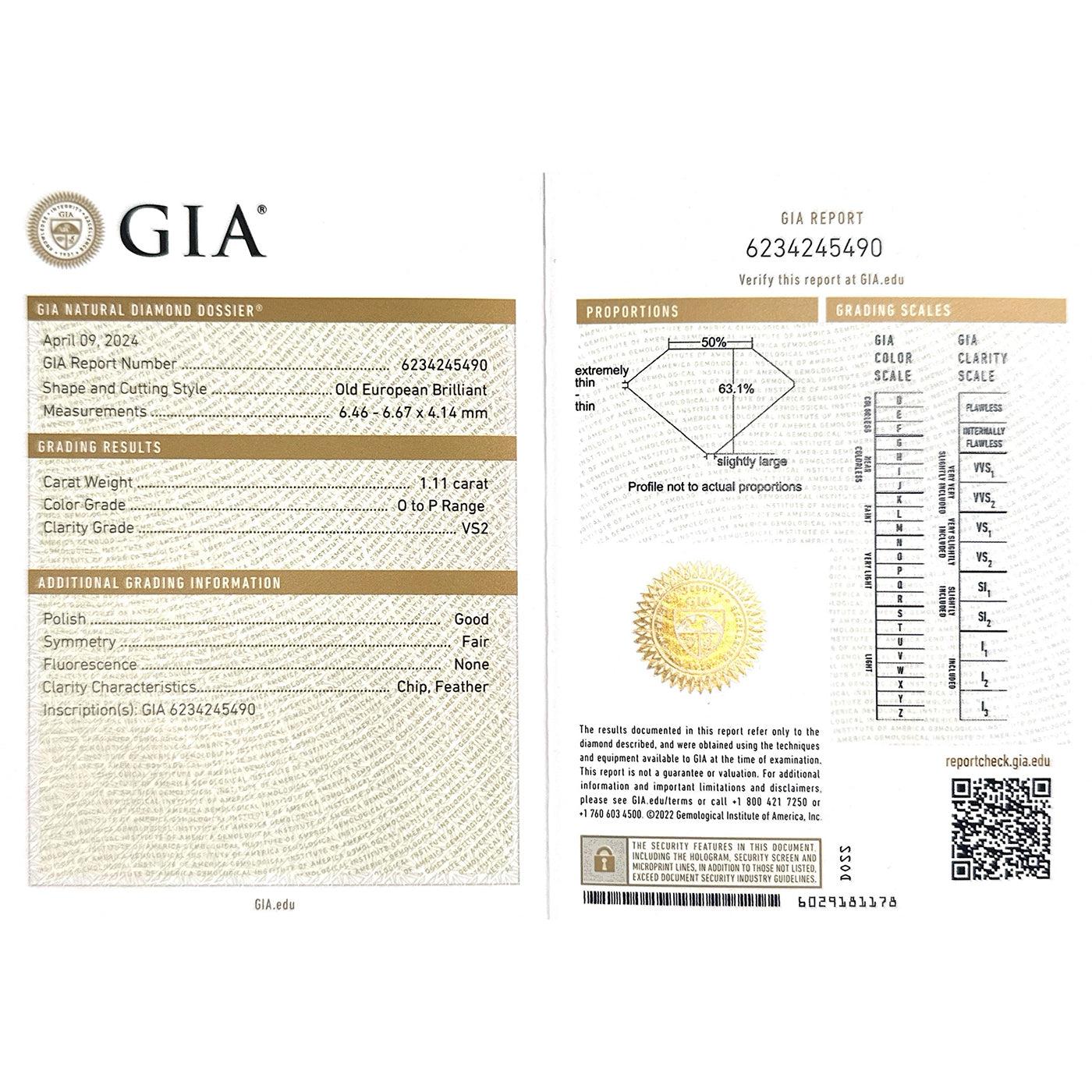 Art Deco 1.11 Ct. Old European Cut Diamond & Emerald Engagement Ring