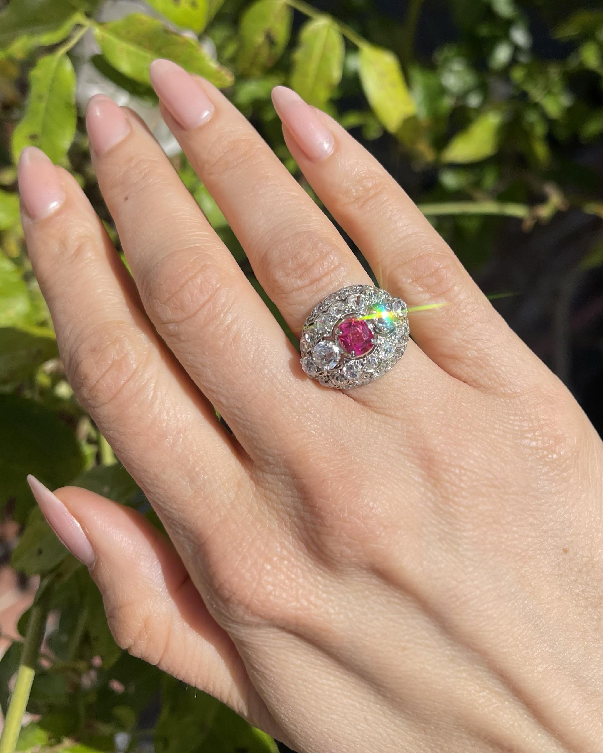Art Deco 1.07 Ct. Pink Spinel & 4.68 Ctw. Diamond Domed Cluster Ring