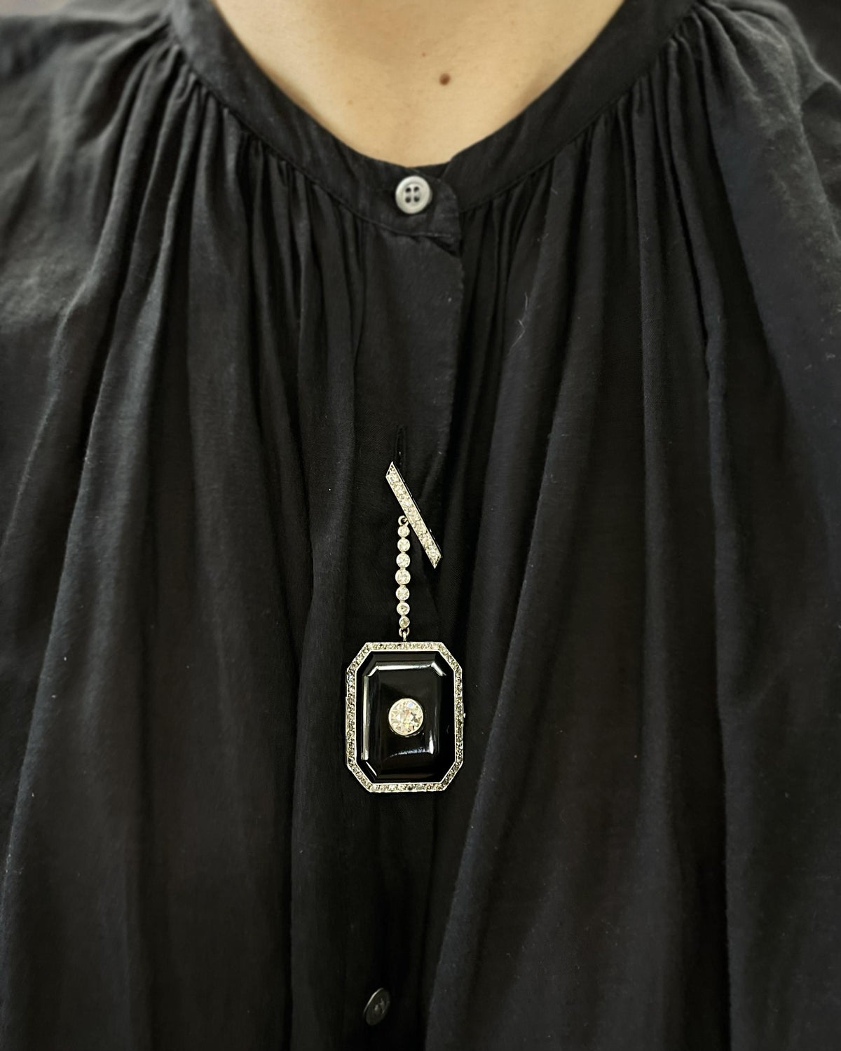 Art Deco 1.50 Ct. Old European Cut Diamond & Onyx Locket Brooch