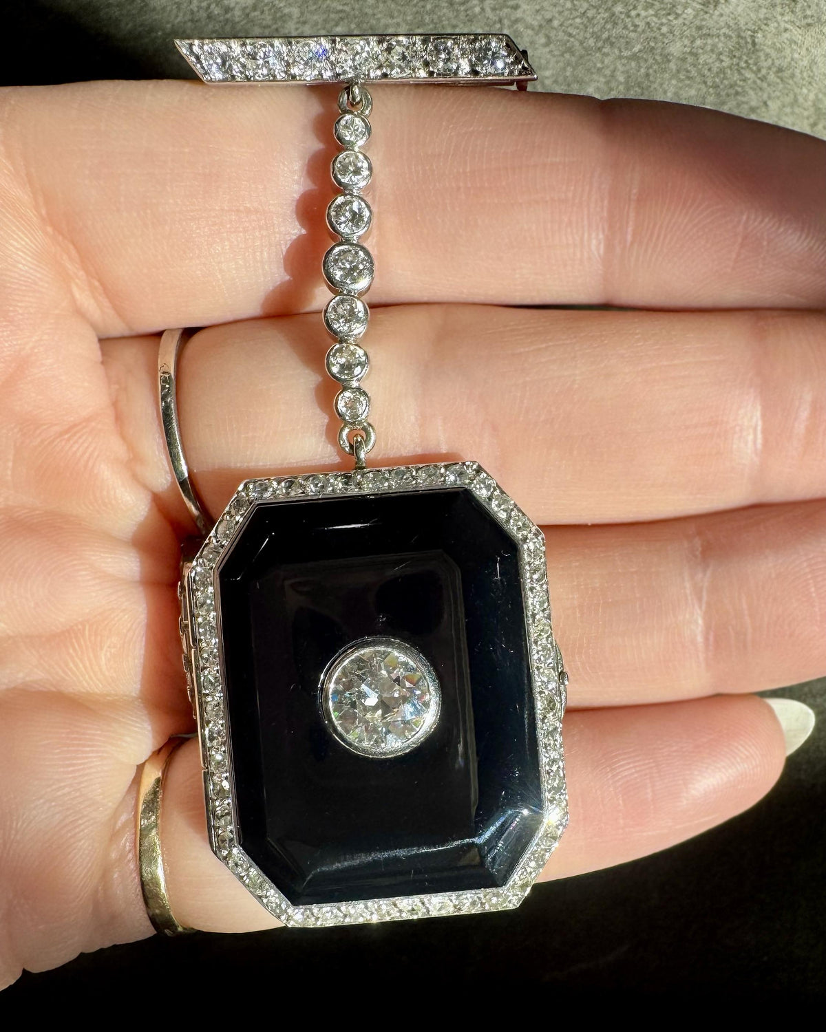 Art Deco 1.50 Ct. Old European Cut Diamond & Onyx Locket Brooch