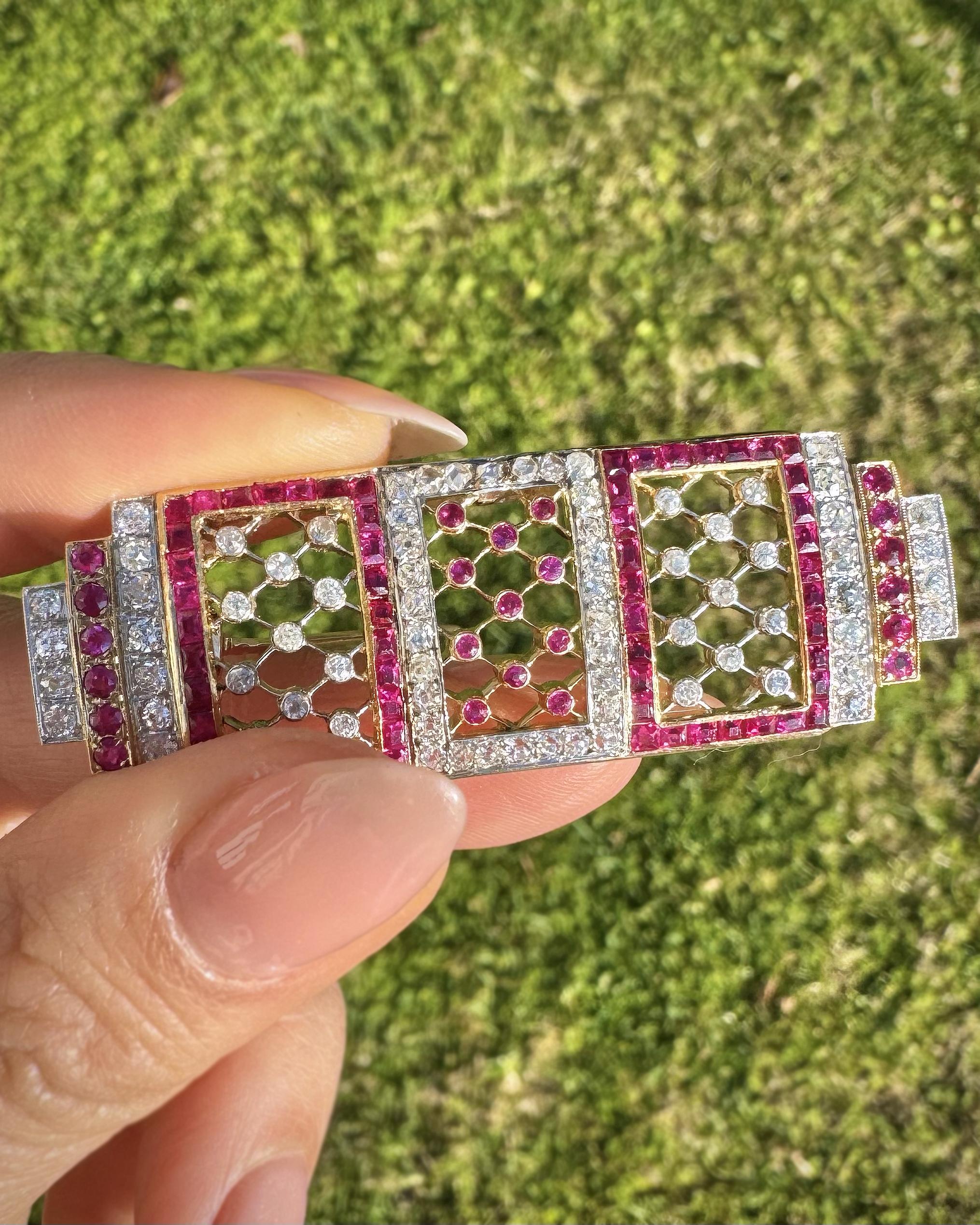 Art Deco 2.00 Ctw. Diamond & 3.82 Ctw. Ruby Geometric Lace-Motif Brooch/Pendant