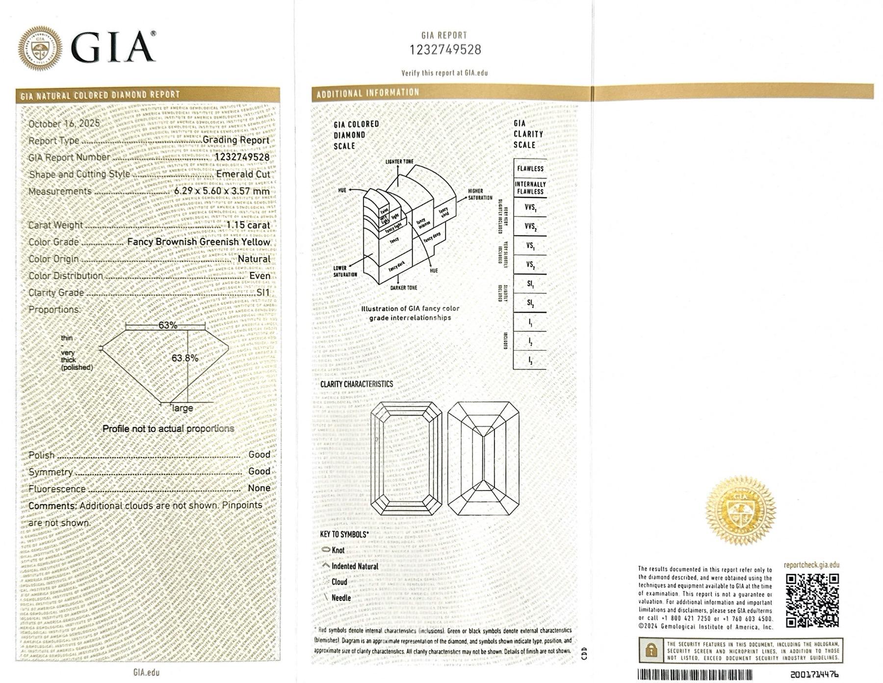 Art Deco 1.15 Ct. Emerald Cut Fancy Brownish Greenish Yellow Diamond Ring