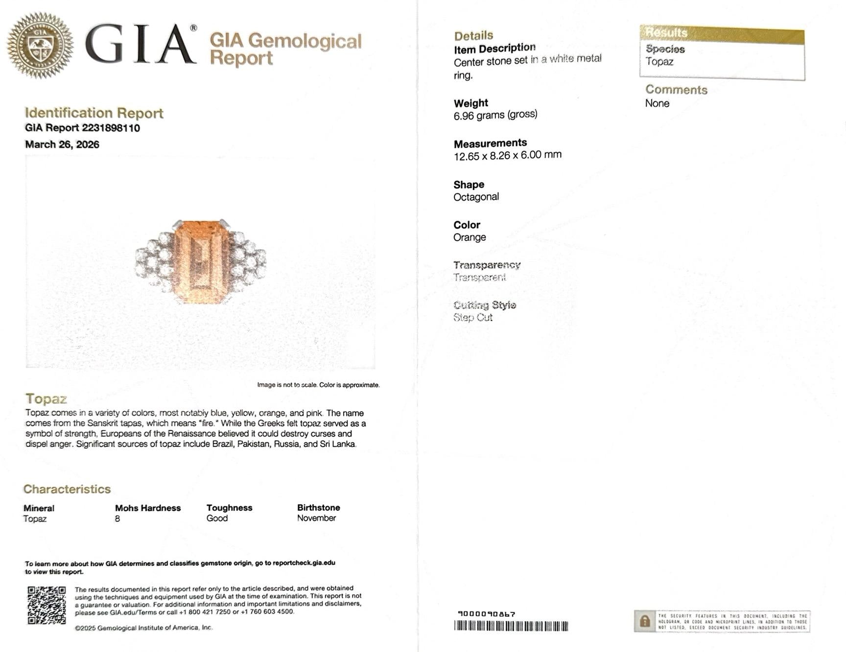 Mid-Century 5.56 Ct. Orange Topaz & Diamond Dinner Ring GIA Report