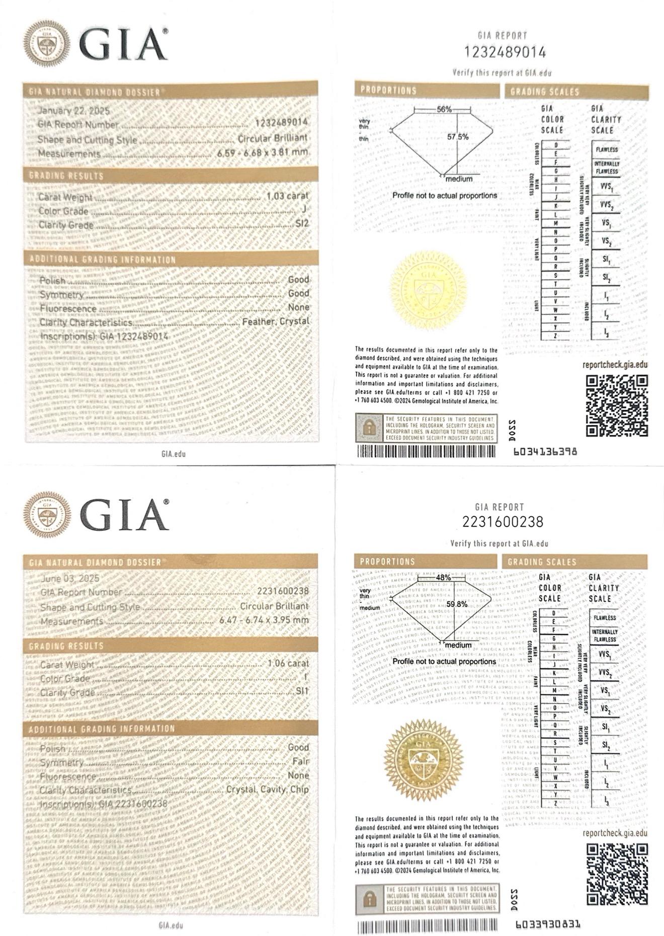 1.06 Ct. & 1.03 Ct. 18k Yellow Gold Old European Cut Diamond Claw-Prong Drop Earrings for women GIA Report