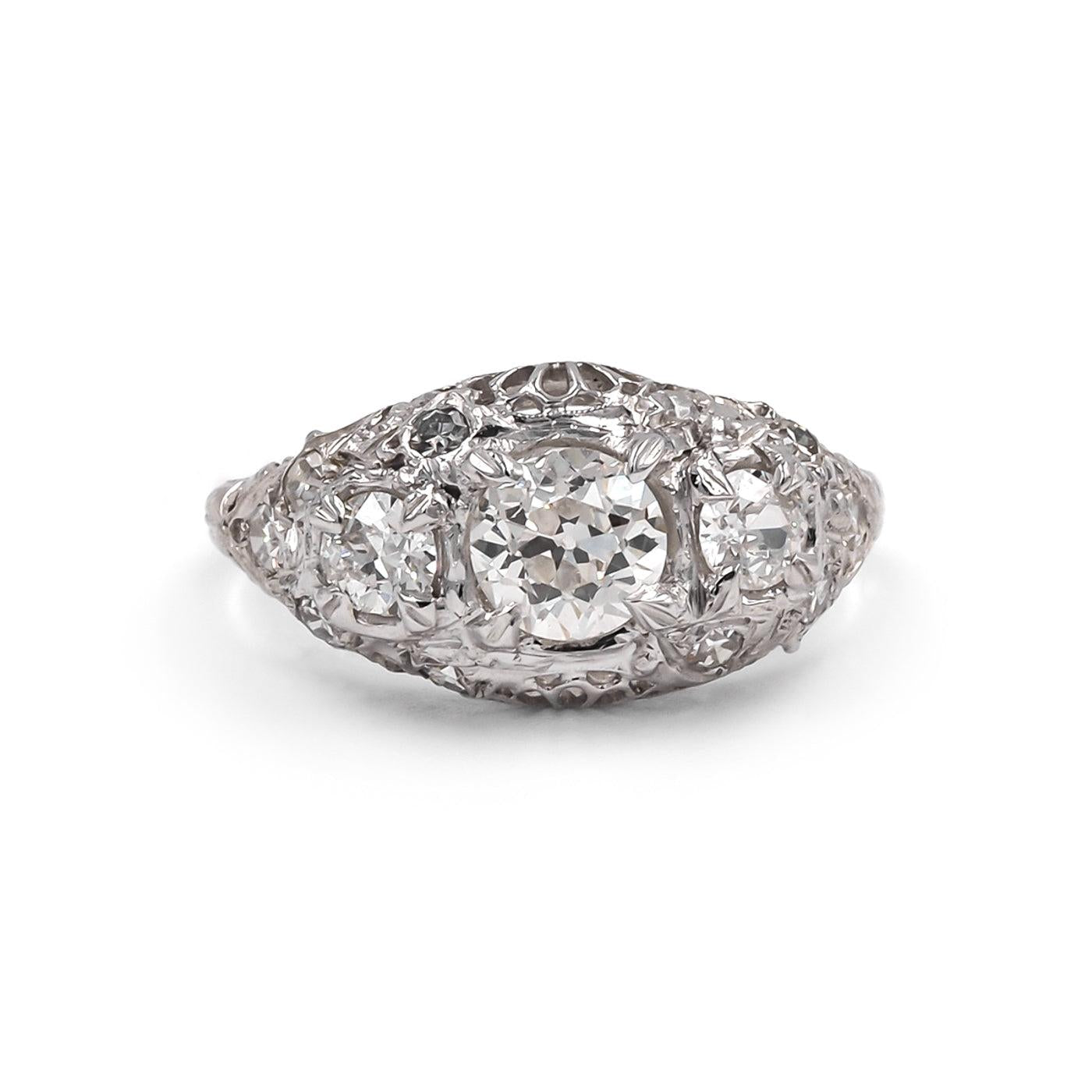 Edwardian 0.93 Carat Old European Cut Diamond 3-Stone Ring