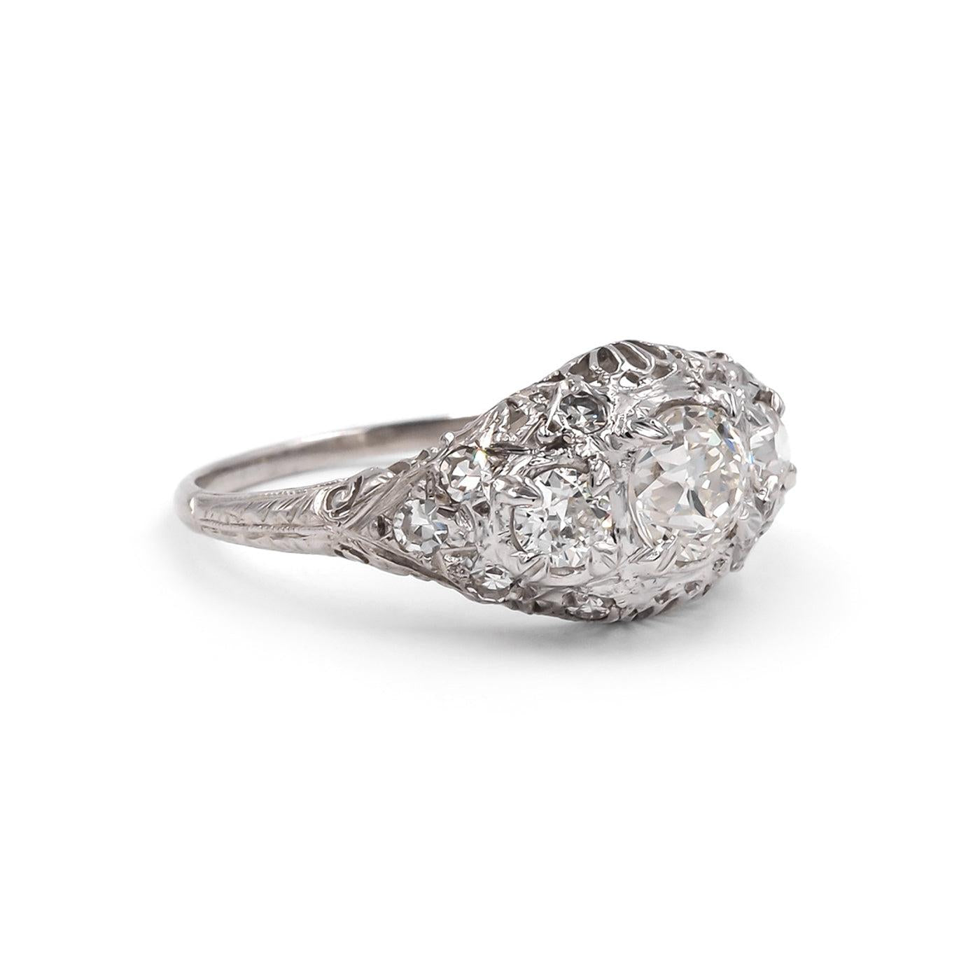 Edwardian 0.93 Carat Old European Cut Diamond 3-Stone Ring