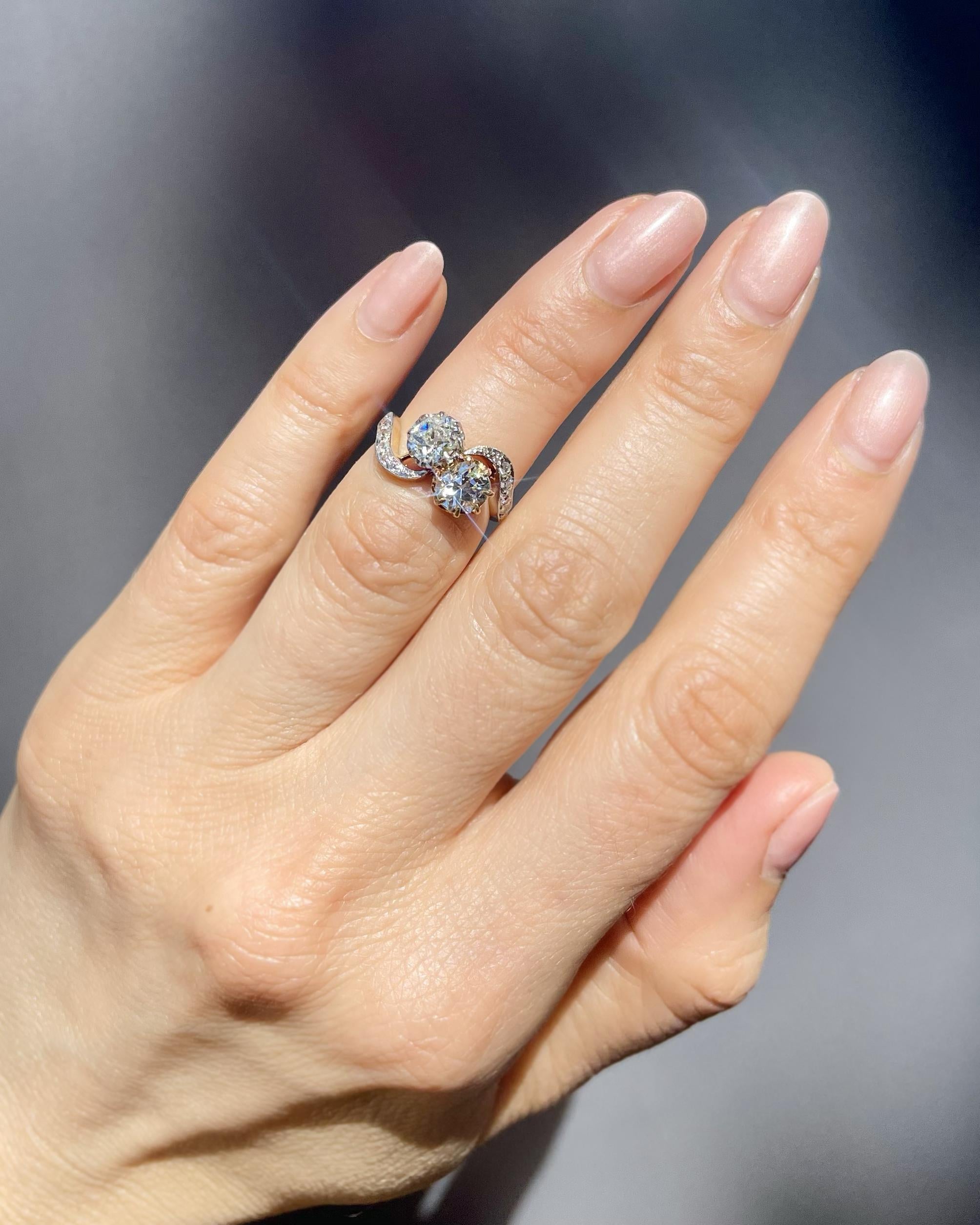 Edwardian 0.91 Ct. & 0.65 Ct. Old Mine Cut Diamond Toi et Moi Ring