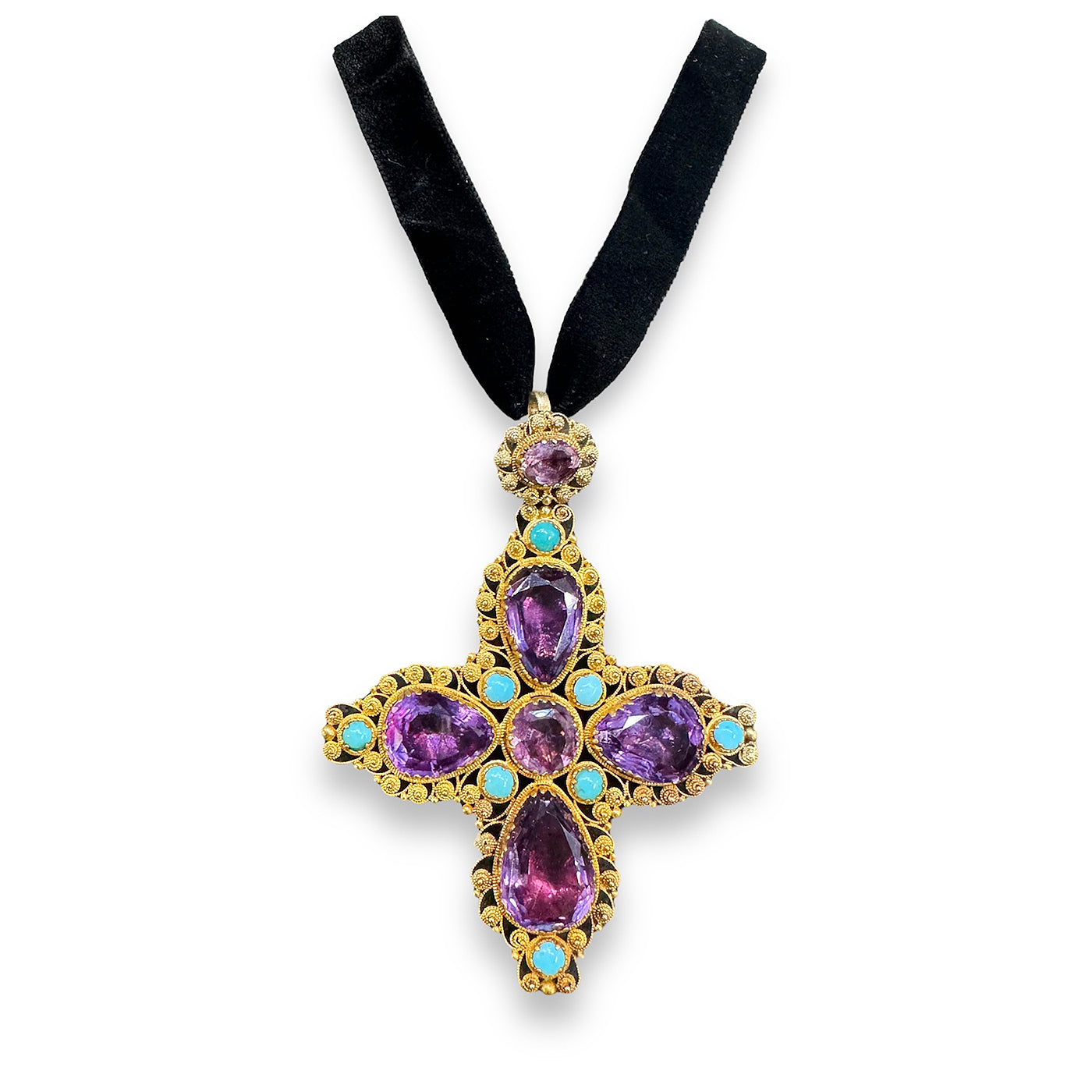Georgian Amethyst & Turquoise Cannetille Cross Pendant Choker