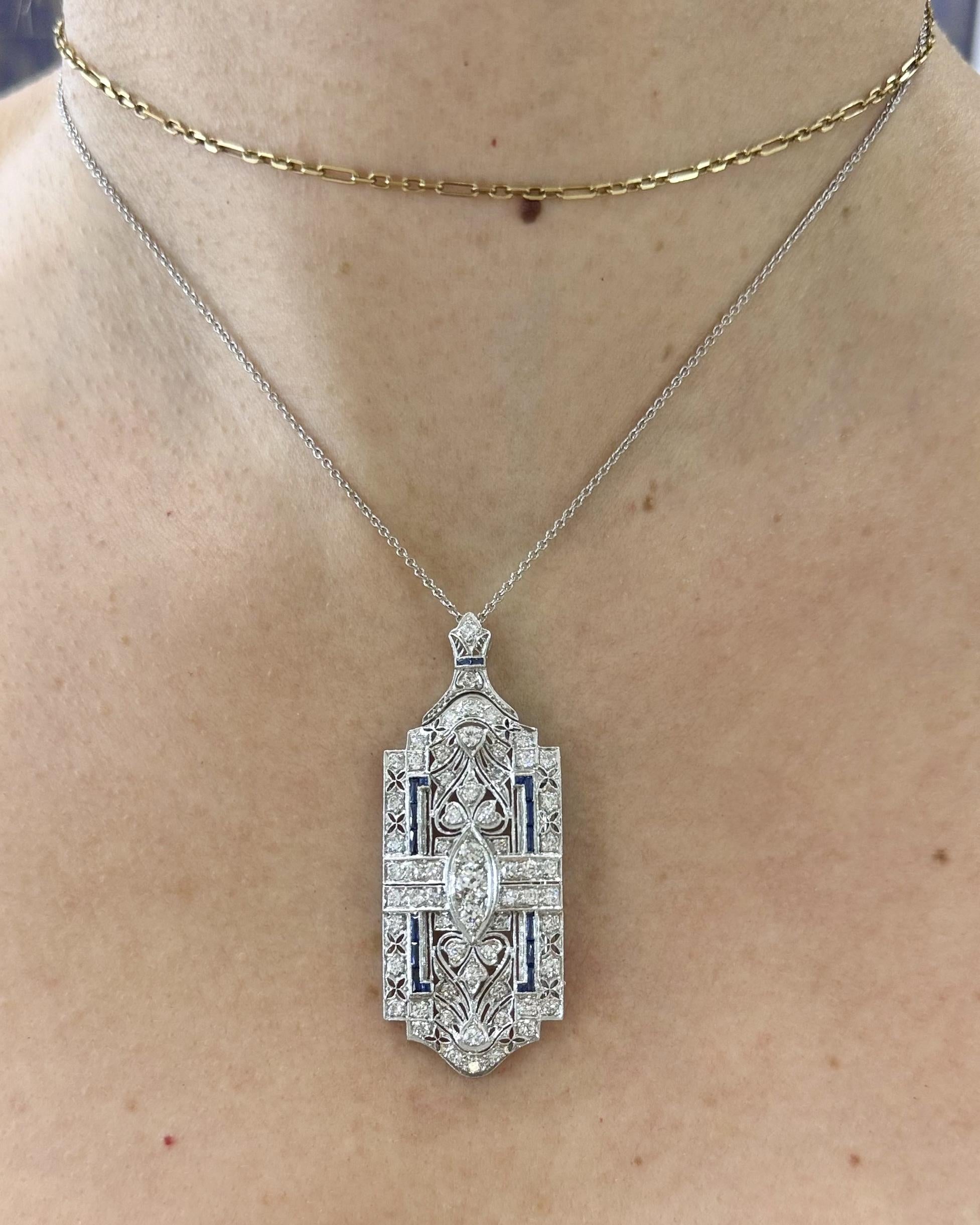 Art Deco 2.25 Ctw. Transitional Cut Diamond & Sapphire Ornate Brooch/Pendant Nec