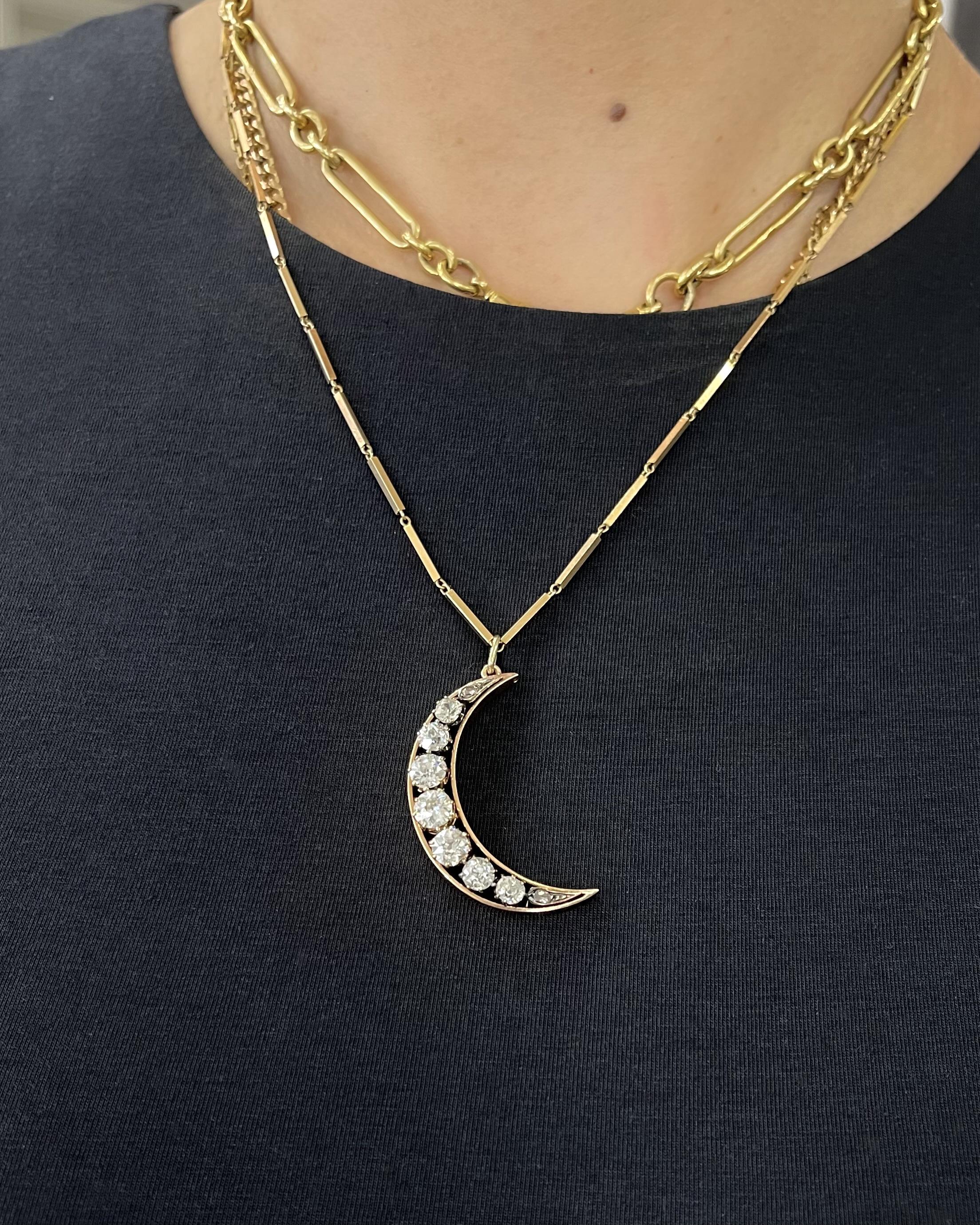 Victorian Old Cut Diamond Crescent Moon Pendant Necklace