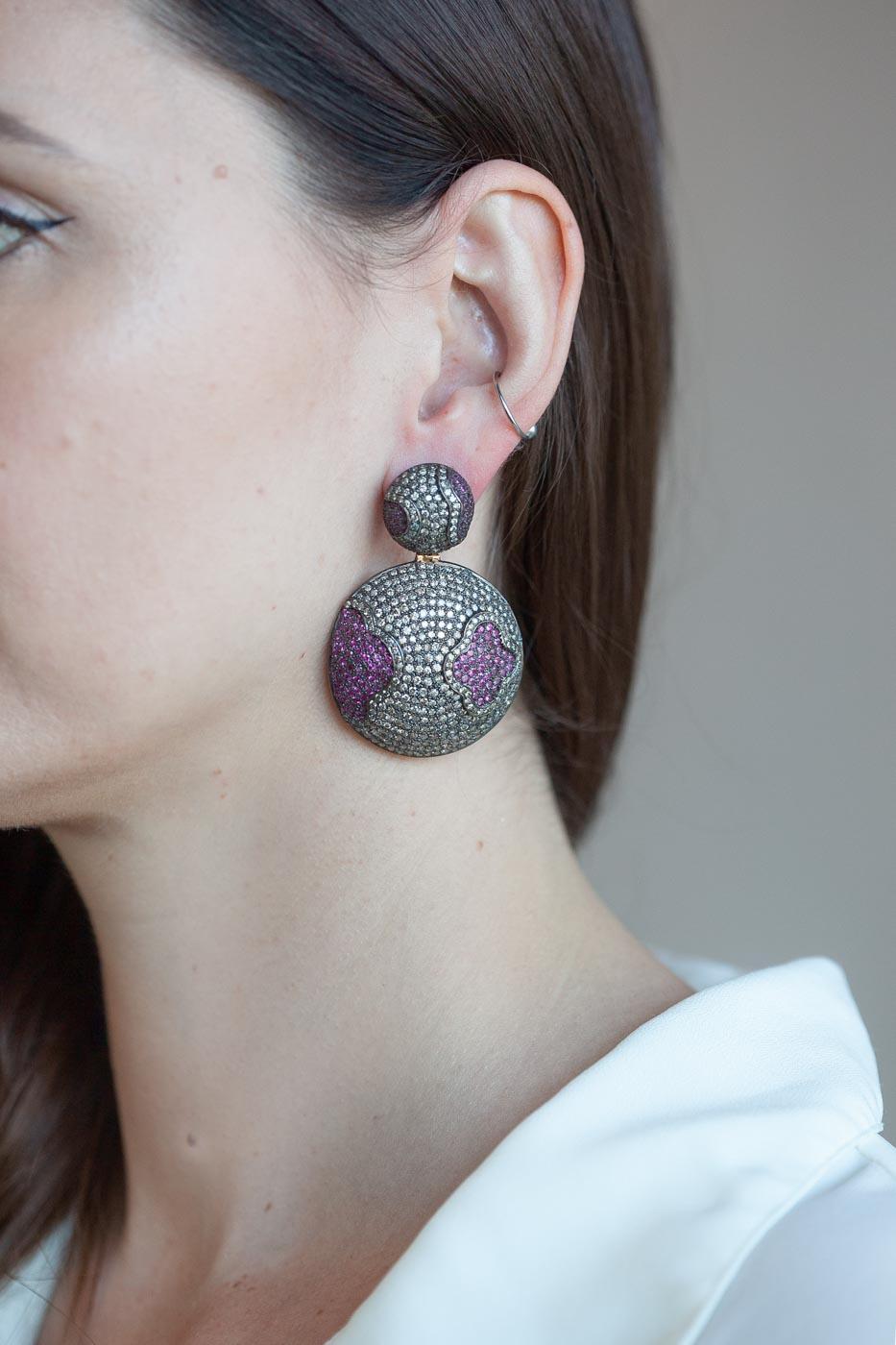 8.64 Ctw. Diamond & 4.59 Ctw. Ruby Quatrefoil Round Drop Earrings