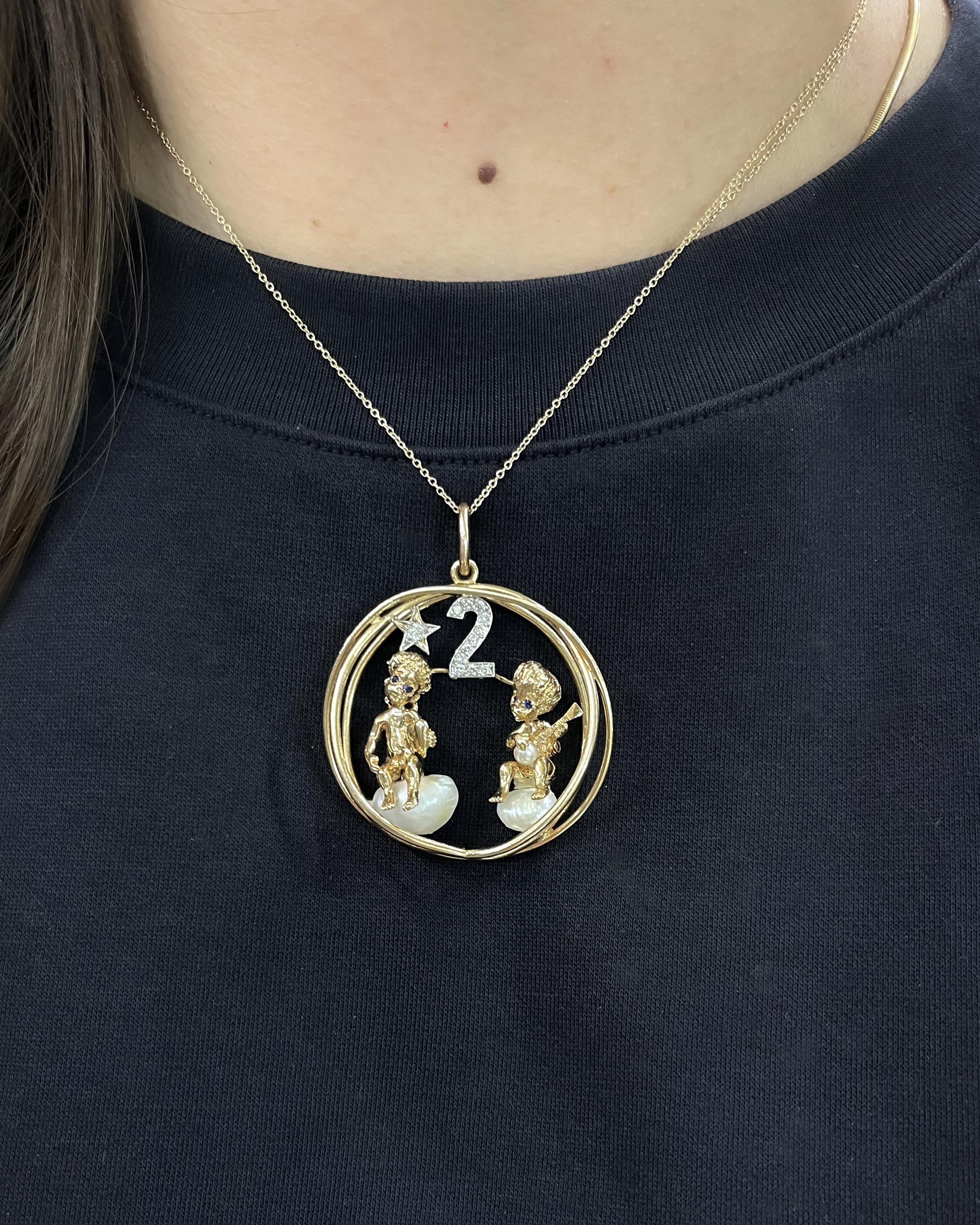 Vintage Diamond & Pearl '2' Pendant with Cherubs, by Ruser