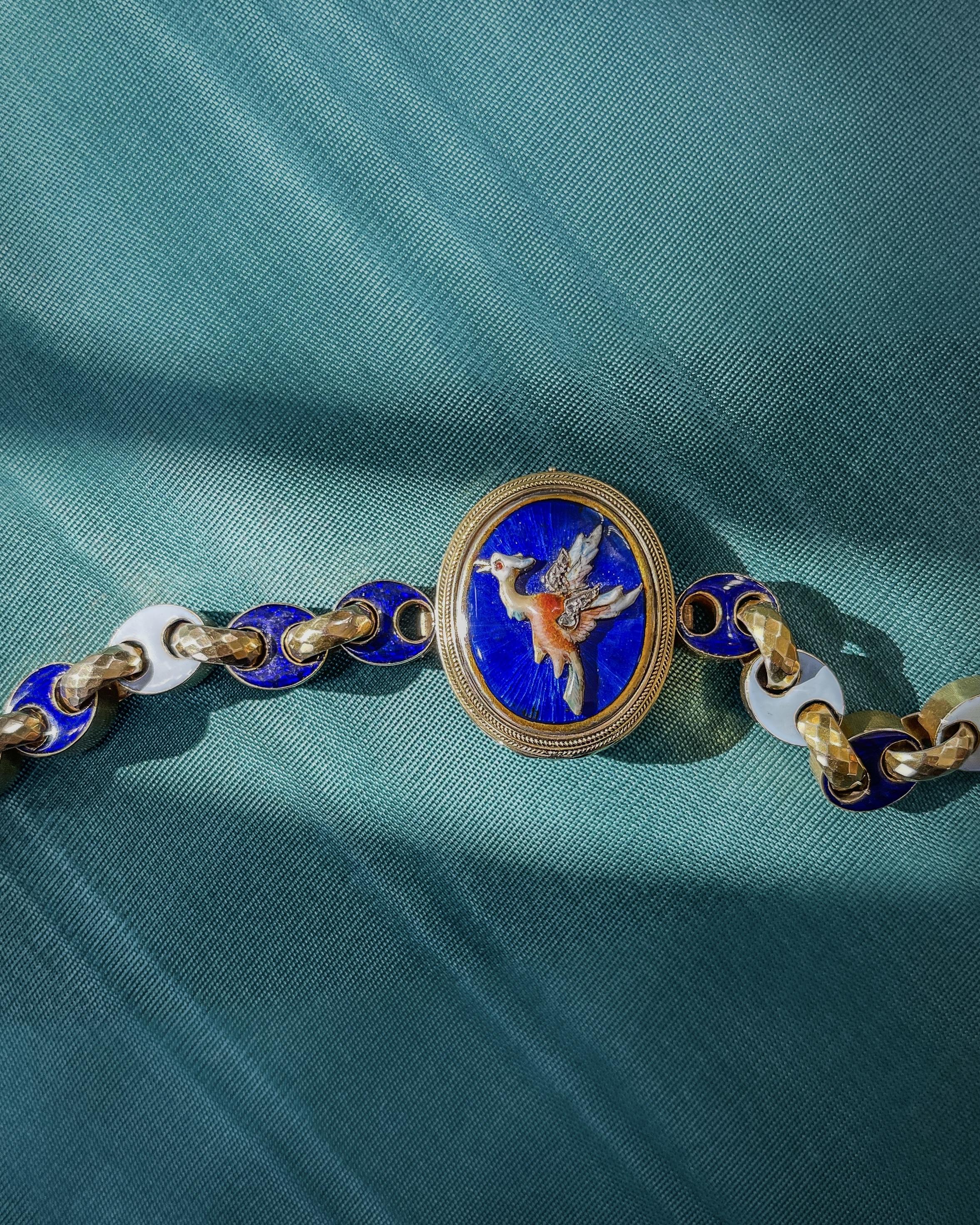 Victorian Enamel Phoenix Locket Bracelet with Enameled Mariner-Style Links