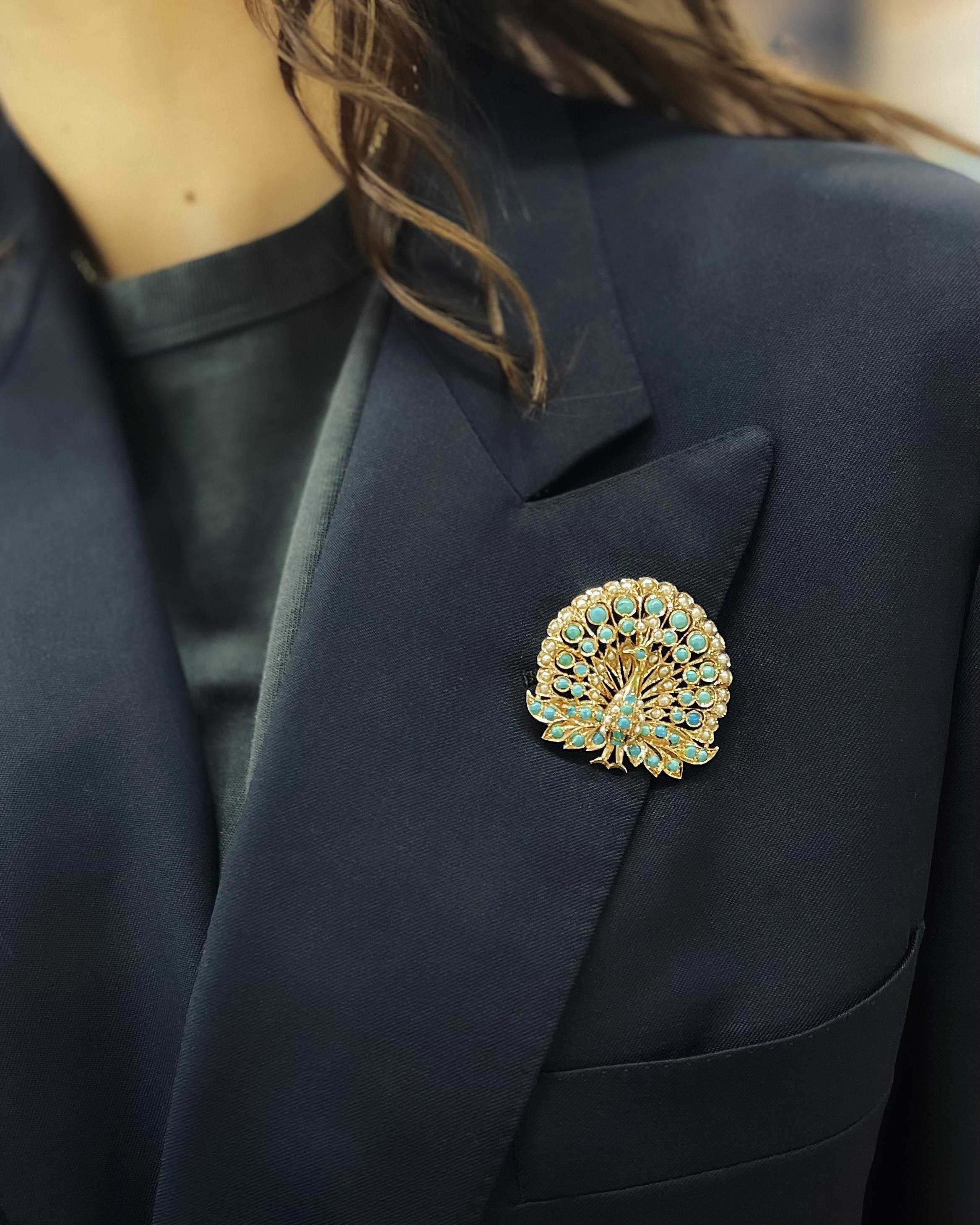 Retro Turquoise & Pearl Peacock Pendant Brooch