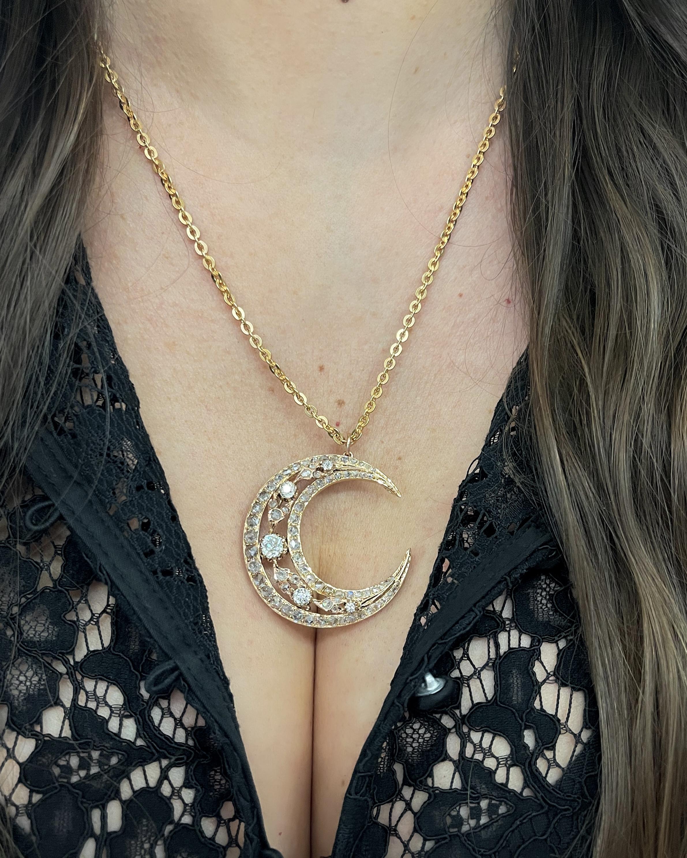 Victorian 1.28 Ctw. Old Mine Cut & 2.00 Ctw. Rose Cut Diamond Crescent Moon