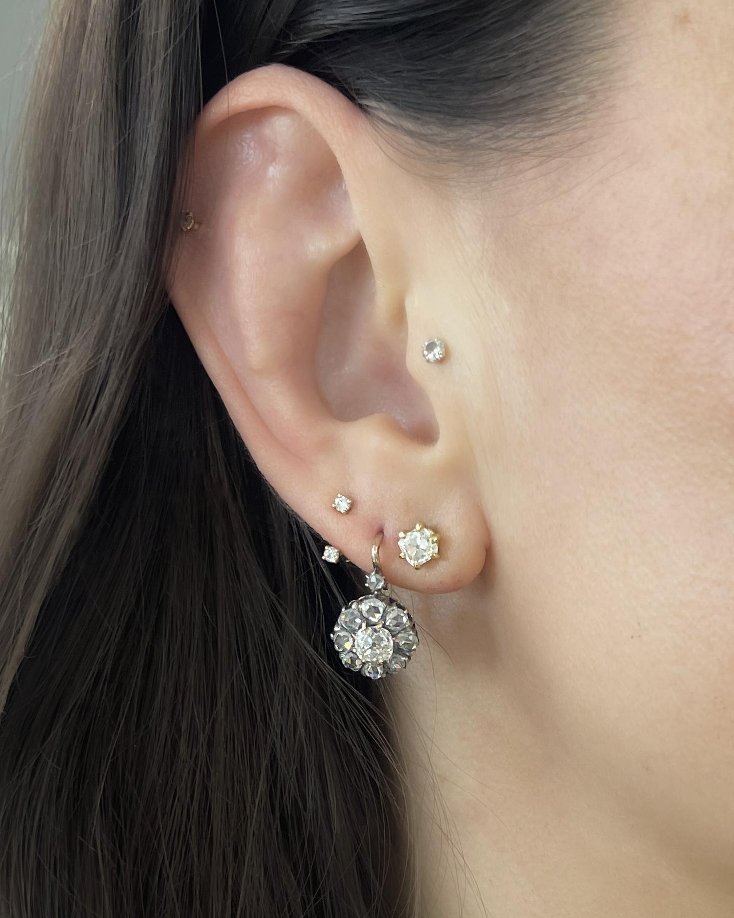 Victorian 1.32 Ctw. Old Mine Cut Diamond Cluster Drop Earrings
