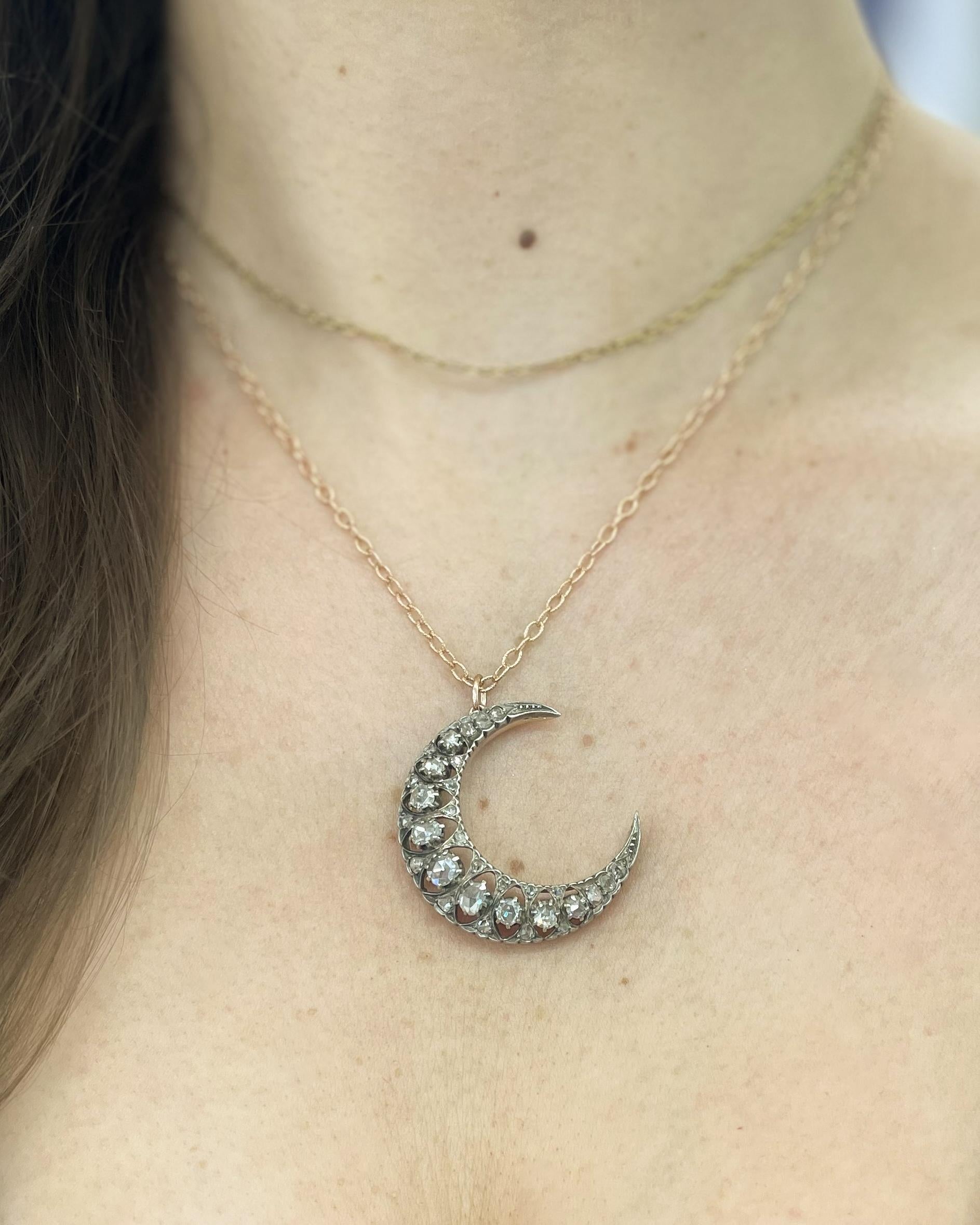 Victorian 1.30 Ctw. Rose Cut Diamond Crescent Moon Pendant Necklace