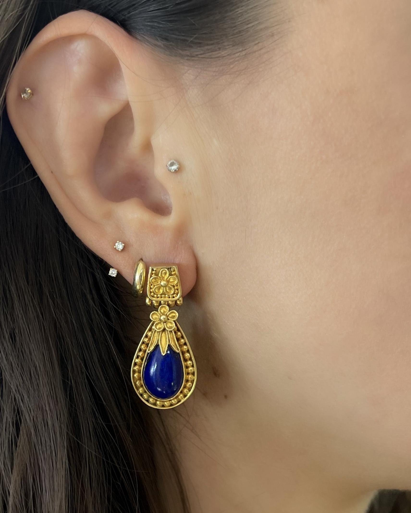 Vintage Etruscan-Revival Lapis Lazuli & Ornate Gold Bead Drop Earrings