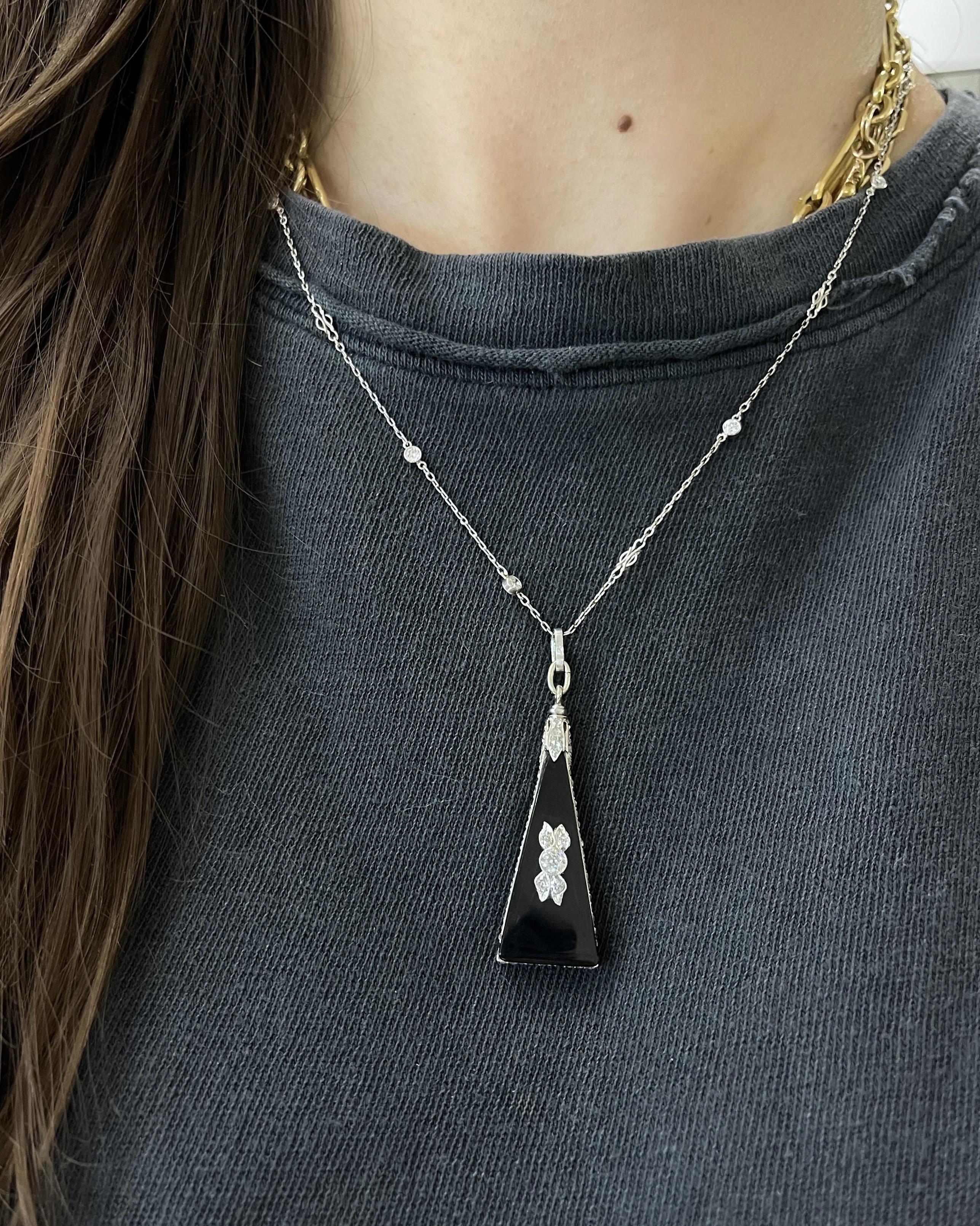 Art Deco 0.70 Ctw. Diamond & Onyx Triangular Drop Pendant on a Diamond-Set Chain