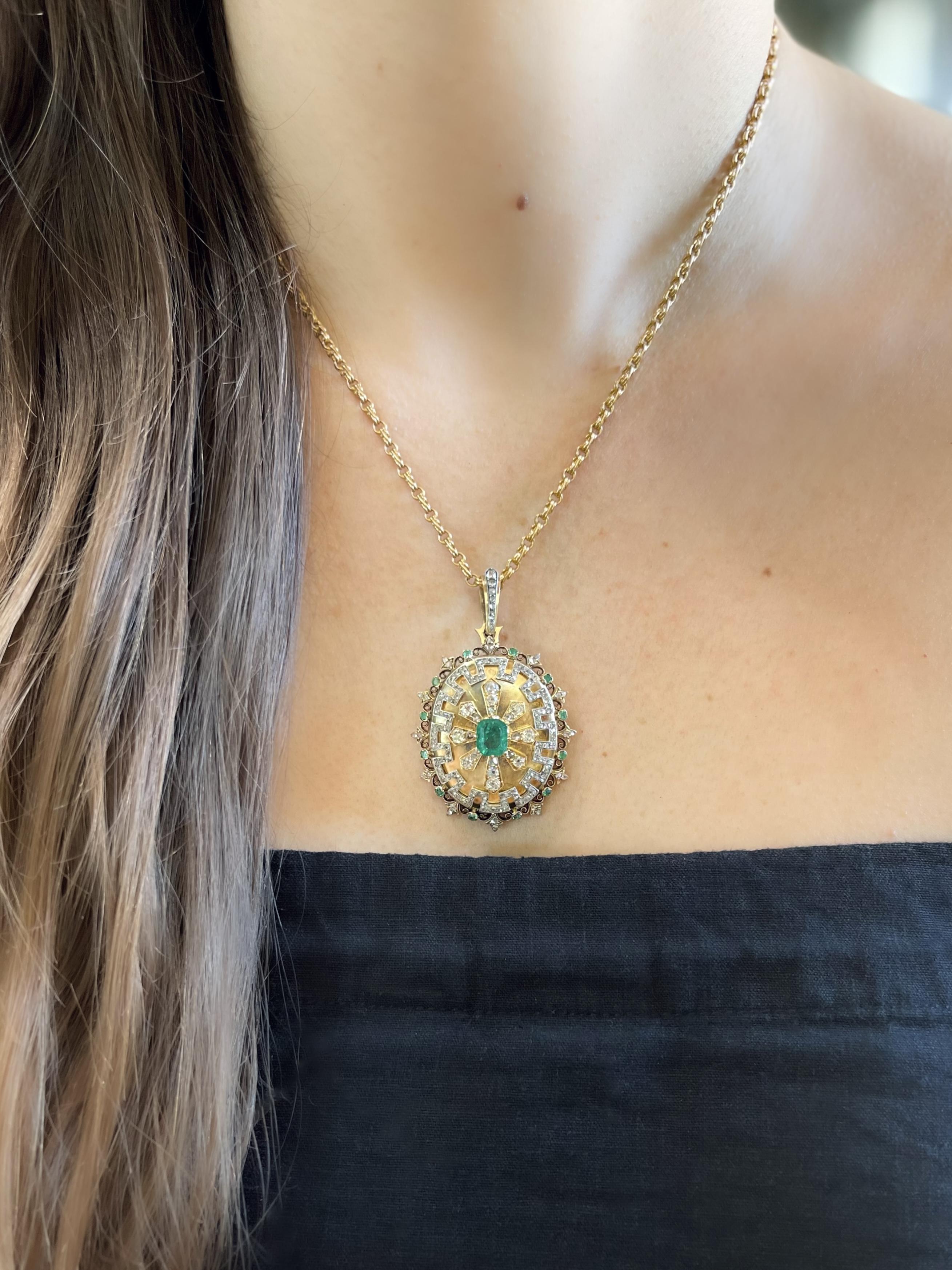 Victorian 1.40 Ct. Emerald & 2.00 Ctw. Diamond Greek Key Motif Pendant Necklace