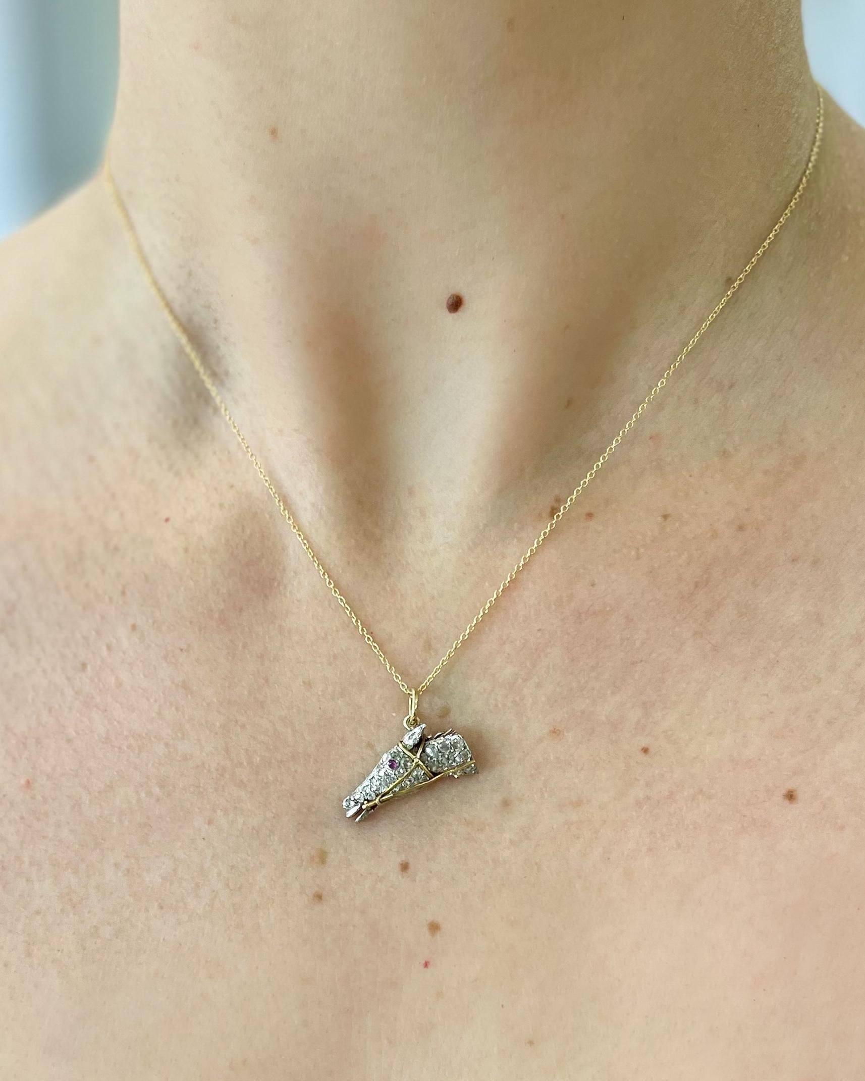Edwardian Rose Cut Diamond Bridled Horse Head Pendant Necklace
