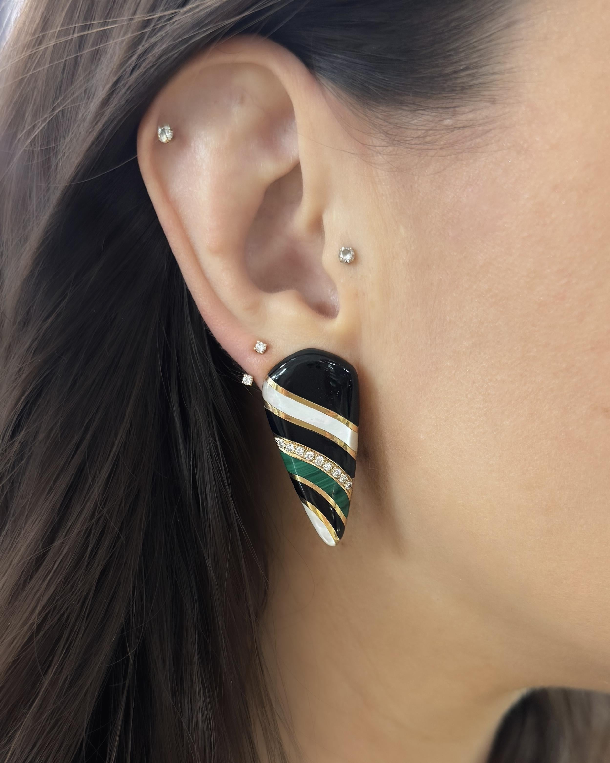 Vintage Striped Gemstone-Inlay Torpedo-Shaped Earrings