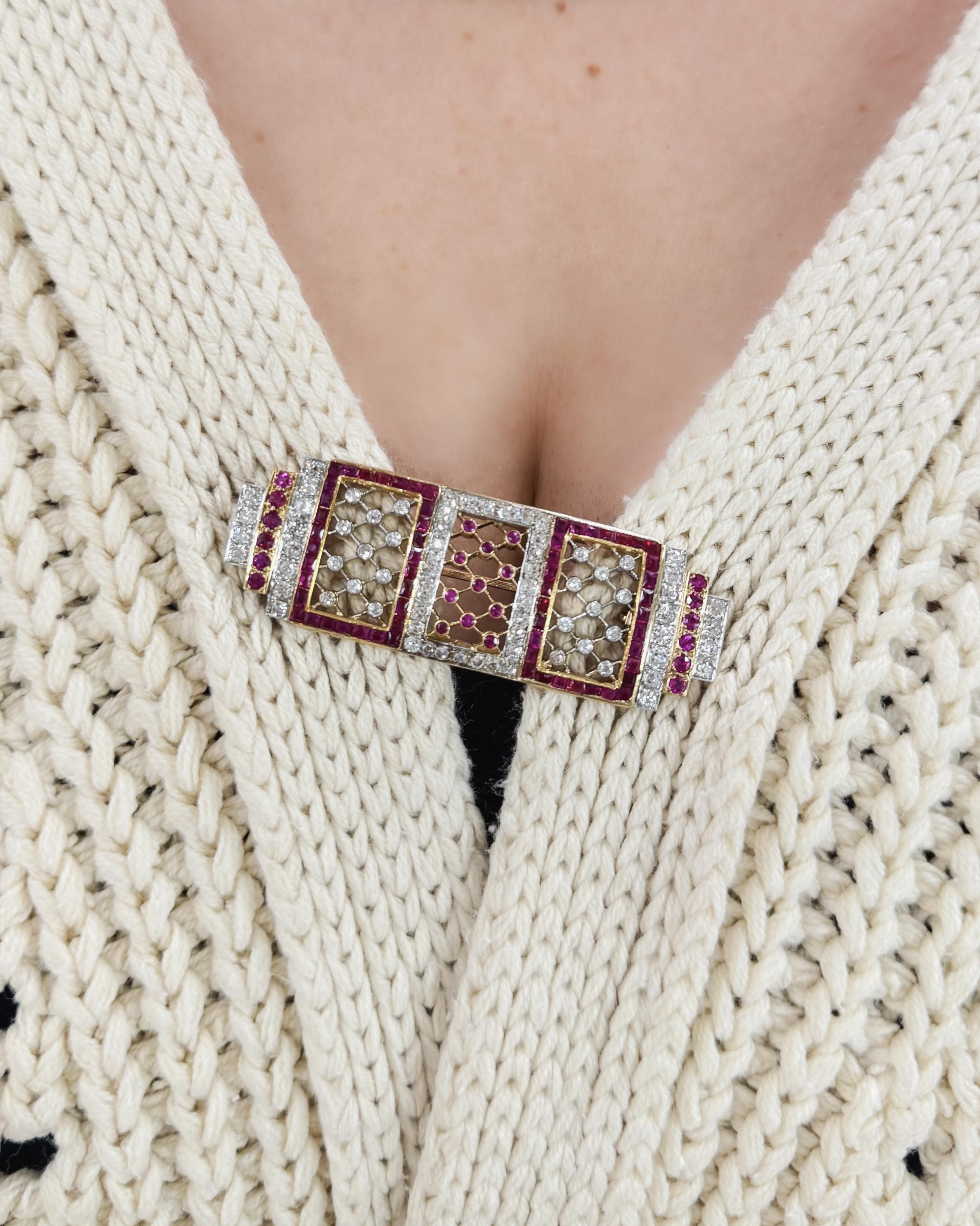 Art Deco 2.00 Ctw. Diamond & 3.82 Ctw. Ruby Geometric Lace-Motif Brooch/Pendant