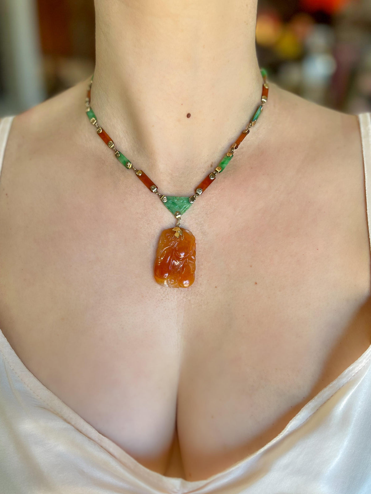 Victorian Carved Natural Green & Orange Jadeite Station Drop Necklace by Gumps