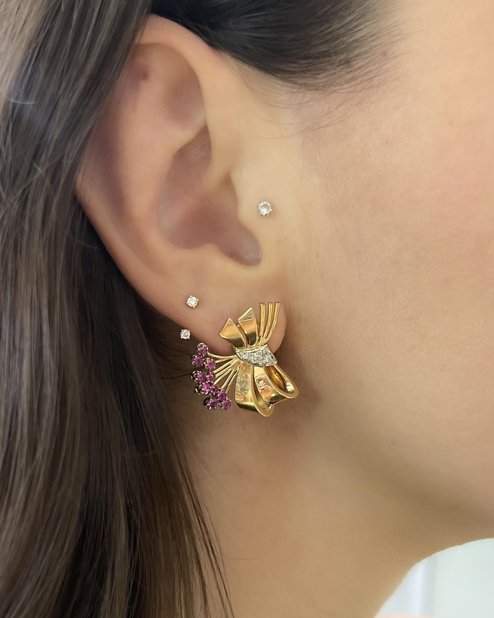 Retro Ruby & Single Cut Diamond Bow Floral Spray Earrings