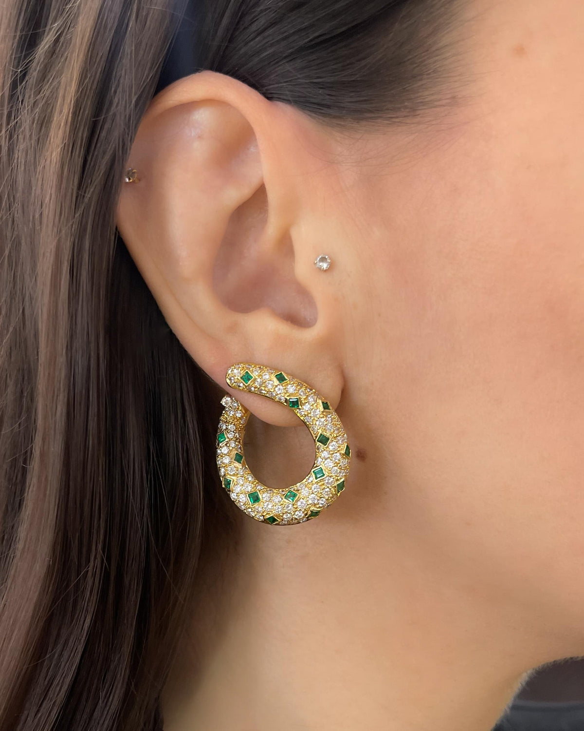 Vintage 4.20 Ctw. Diamond & 1.50 Ctw. Emerald Front-Facing Open Hoop Earrings