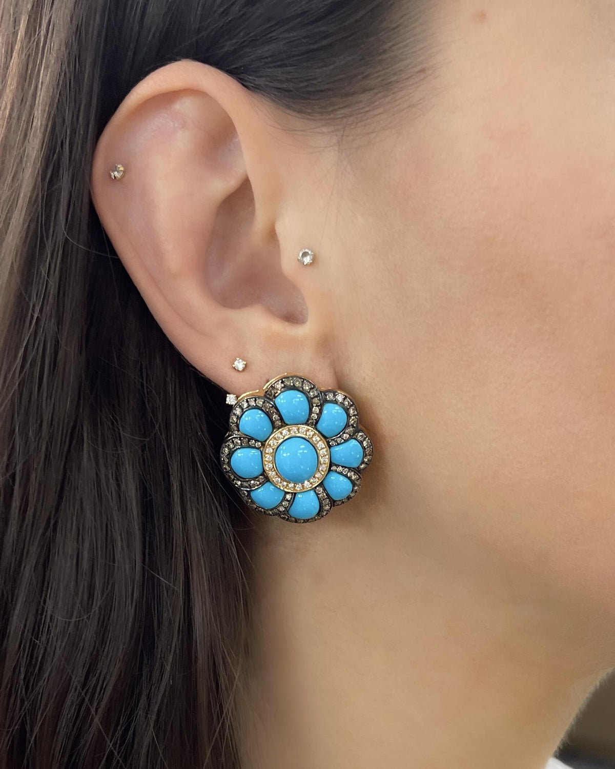 Vintage Turquoise & Diamond Floral-Motif Cluster Earrings