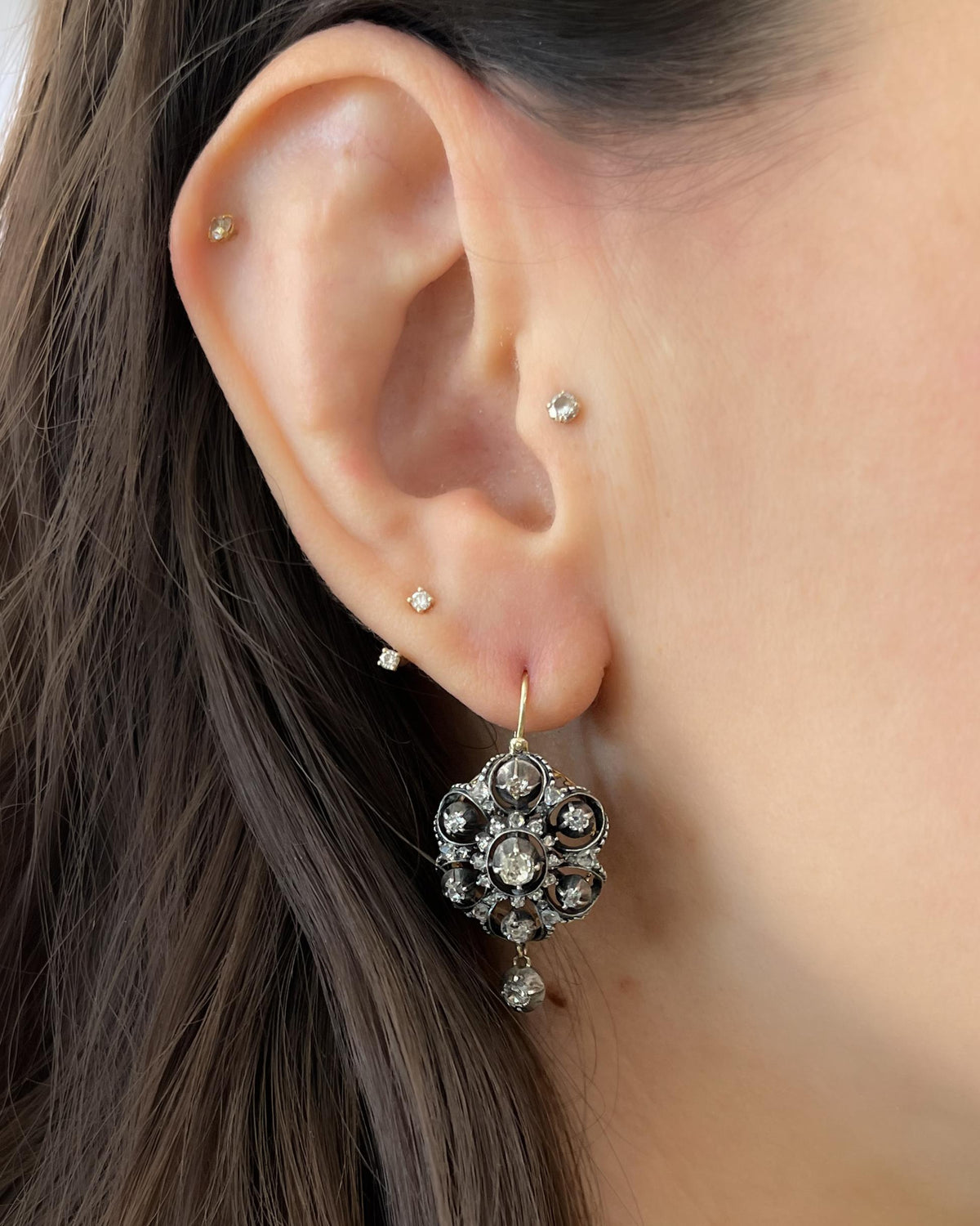 Victorian 1.05 Ctw. Old Cut Diamond Ornate Cluster Drop Earrings