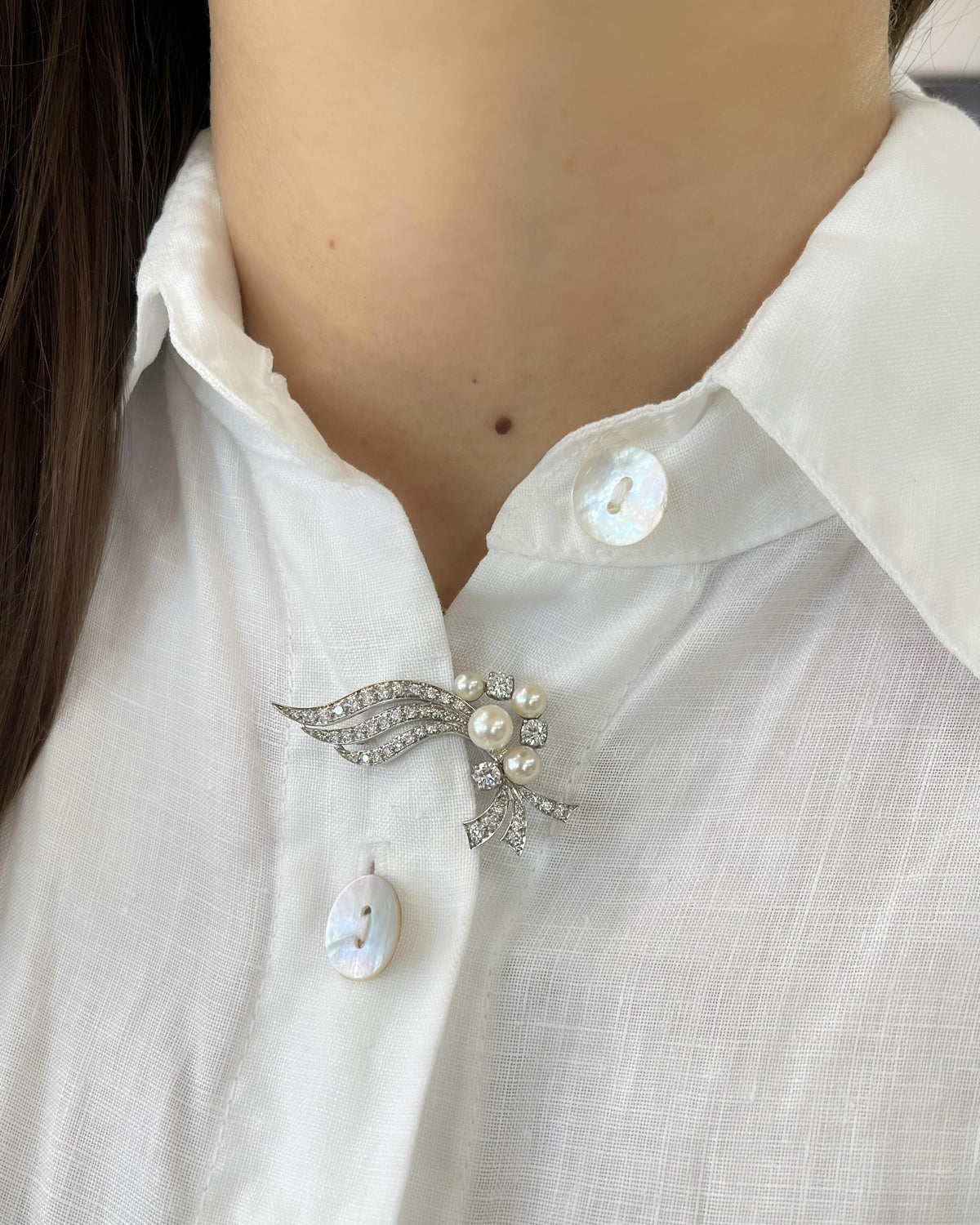 Mid-Century 1.33 Ctw. Diamond & Pearl Floral Swag Brooch