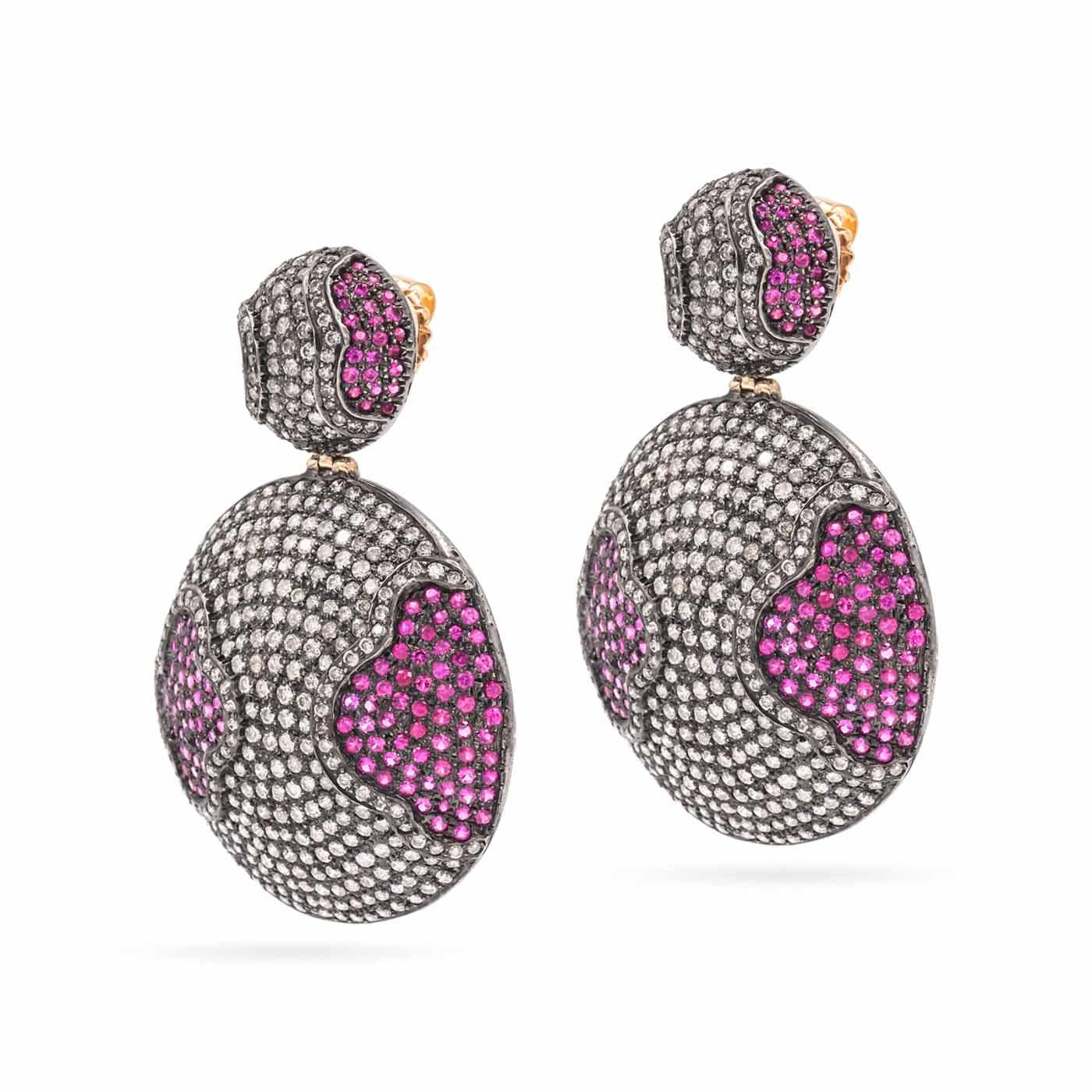 8.64 Ctw. Diamond & 4.59 Ctw. Ruby Quatrefoil Round Drop Earrings