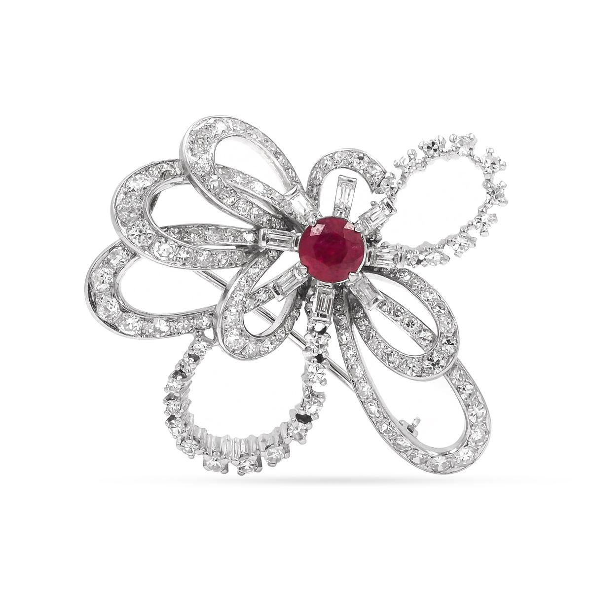Mid-Century 1.31 Ct. Ruby & 2.75 Ctw. Diamond Bow Brooch