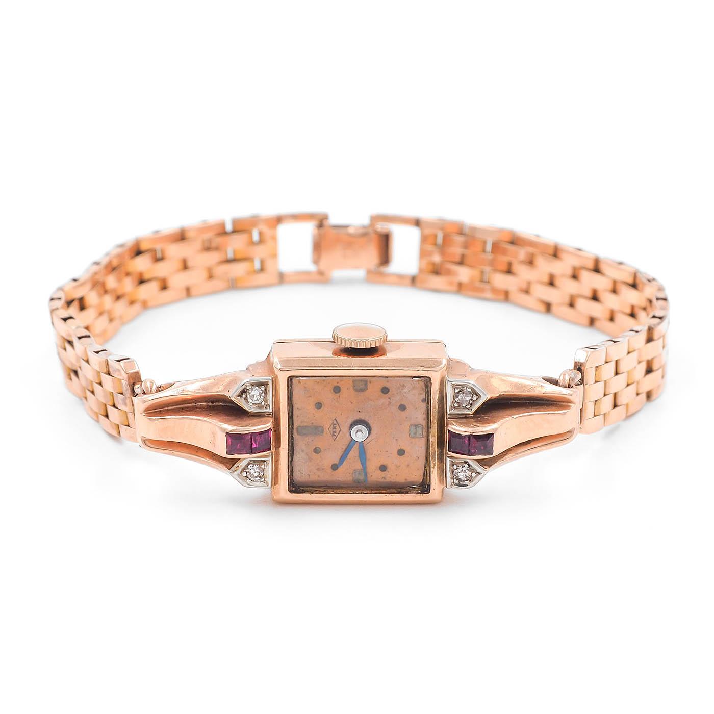 Retro Diamond & Ruby Bracelet Watch by Pery Watch Co.